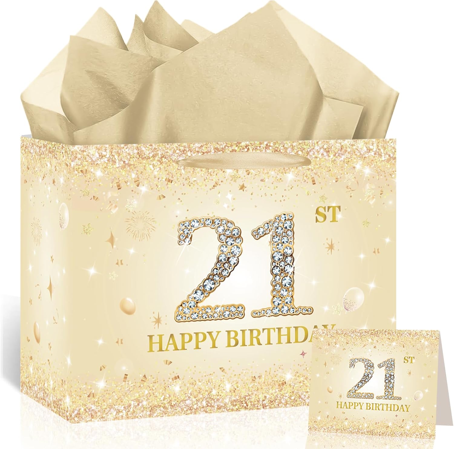 Champagne Gold 21st Birthday Gift Bag with Tissue Paper and Card Large Happy 21st Birthday Party Favor Bags for Girls Women Twenty One Years Old Birthday Gift Wrap Gold Sparkle Print Decor 11.8in