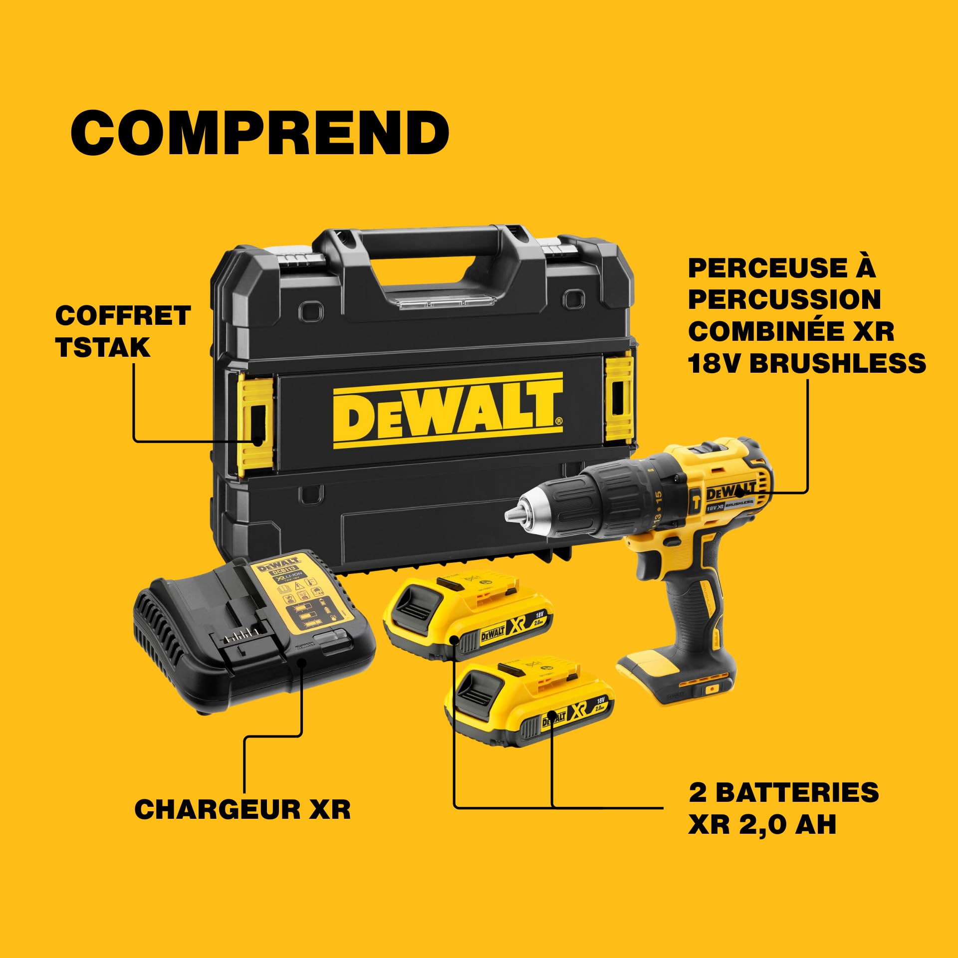 DEWALT Perceuse-visseuse à percussion compacte sans fil, XR 18V brushless, éclairage LED, performance polyvalente, livrée avec 2 batteries XR Li-Ion 2Ah, chargeur et coffret, DCD778D2T-QW