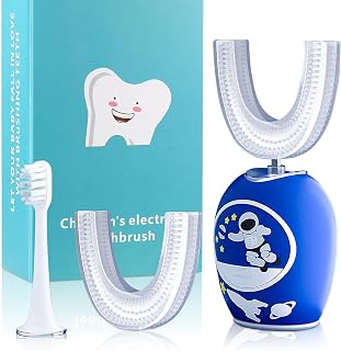 Kids Electric Toothbrush Kits, Kids U Shaped Ultrasonic Automatic Toothbrushes with 2 Brush Heads,Five Modes Smart Timer IPX7 Waterproof Auto Toothbrush for Toddler 360° Cleaning
