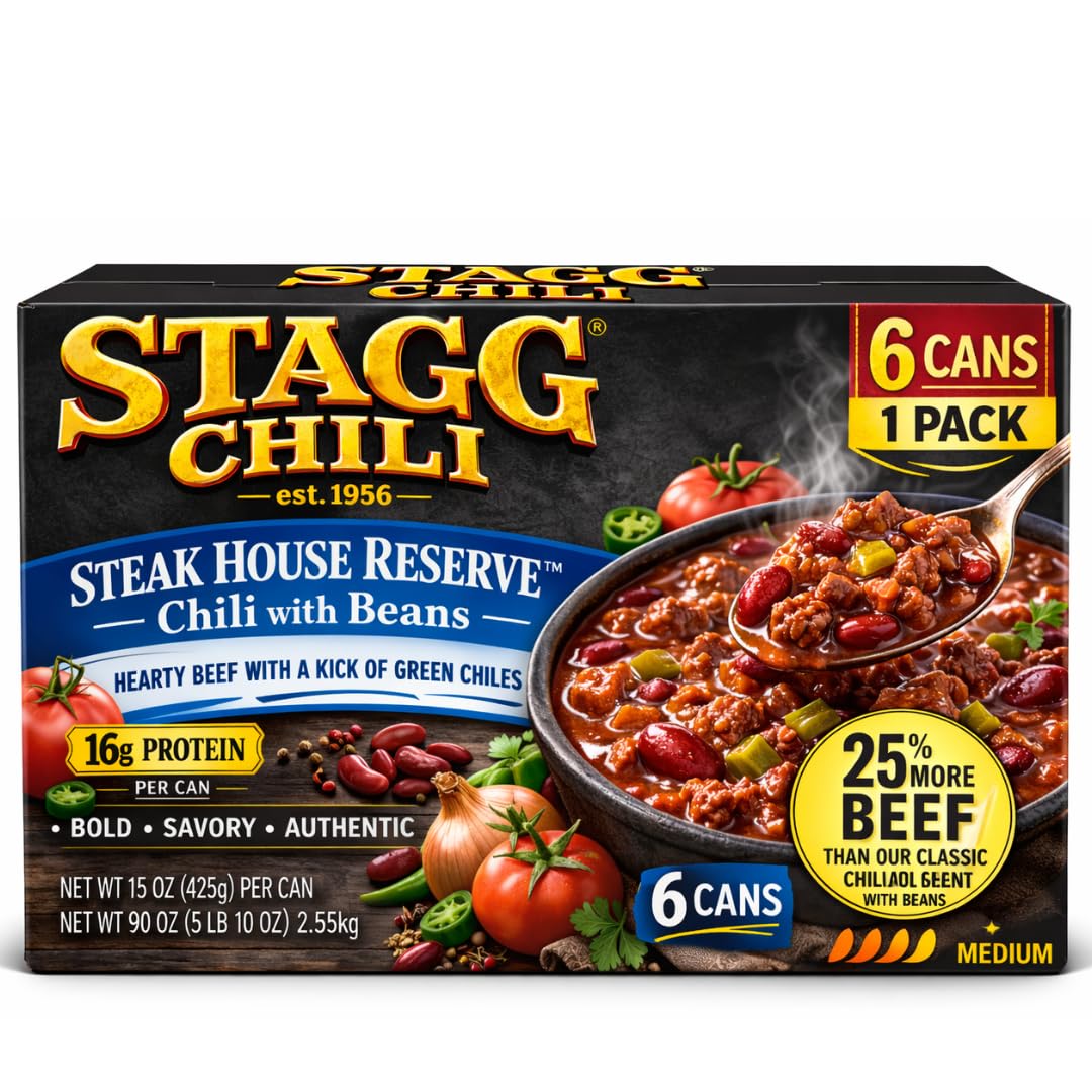 Stagg Steakhouse Reserve Chili with Beans, 15 oz Cans (Pack of 6) – Hearty Beef Chili, Ready to Eat, High Protein Meal – By Snacks and More