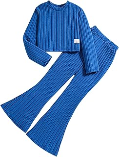Conjunto de 2 piezas de ropa para niños y niñas, color liso, manga larga, acanalado, pantalones acampanados, conjunto de ropa para bebés