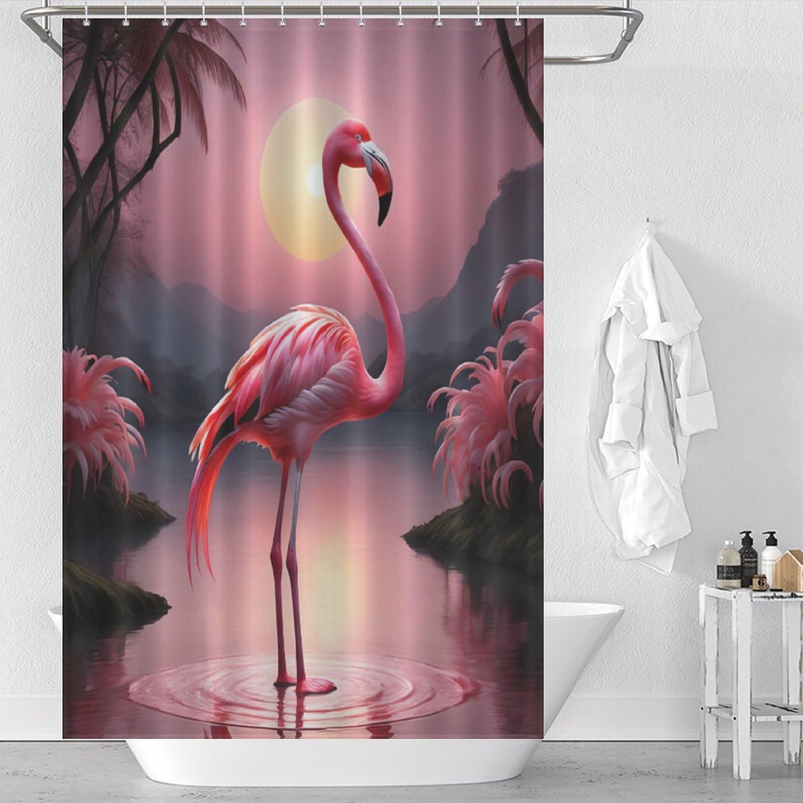 Rideau de douche flamant rose 122x183 cm imperméable pour baignoire avec ses 12 crochets inclus