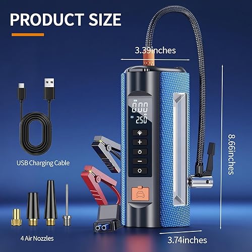 Miniatura 8 de Arrancador de emergencia con compresor de aire, arrancador de batería de coche de 2500A, kit de cables de puente reforzador de coche de 12V,
