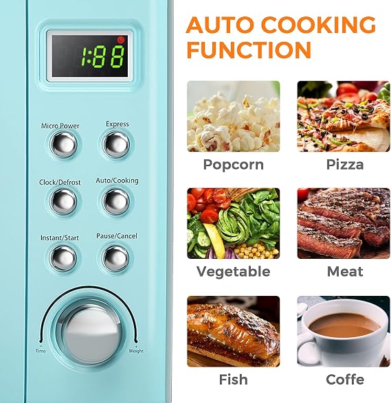 0.7Cu.ft Mini Microwave Countertop, 700W Retro Microwave w/ 5 Micro Power, Defrosting Settings, Glass Turntable & Viewing Window, LED Display, Child Lock, Perfect for Small Space (Mint Green)