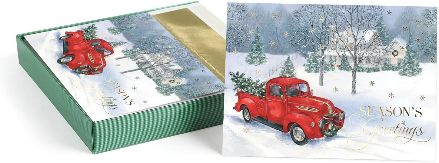 Masterpiece Trucking The Tree Christmas Cards / 16 Boxed Red Truck Country Holiday Card Set With Gold Foil Accents And Coordinating Envelopes / 5 5/8" x 7 7/8" Folded Winter Christmas Tree Farm