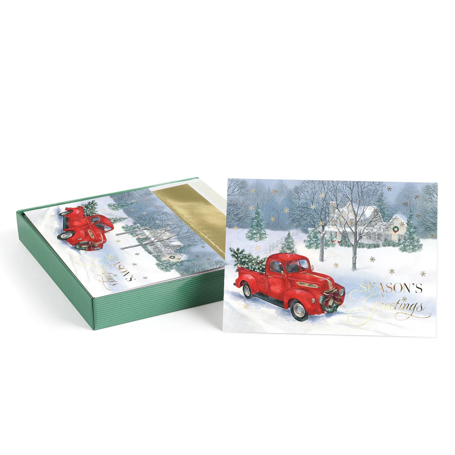 Masterpiece Trucking The Tree Christmas Cards / 16 Boxed Red Truck Country Holiday Card Set With Gold Foil Accents And Coordinating Envelopes / 5 5/8"