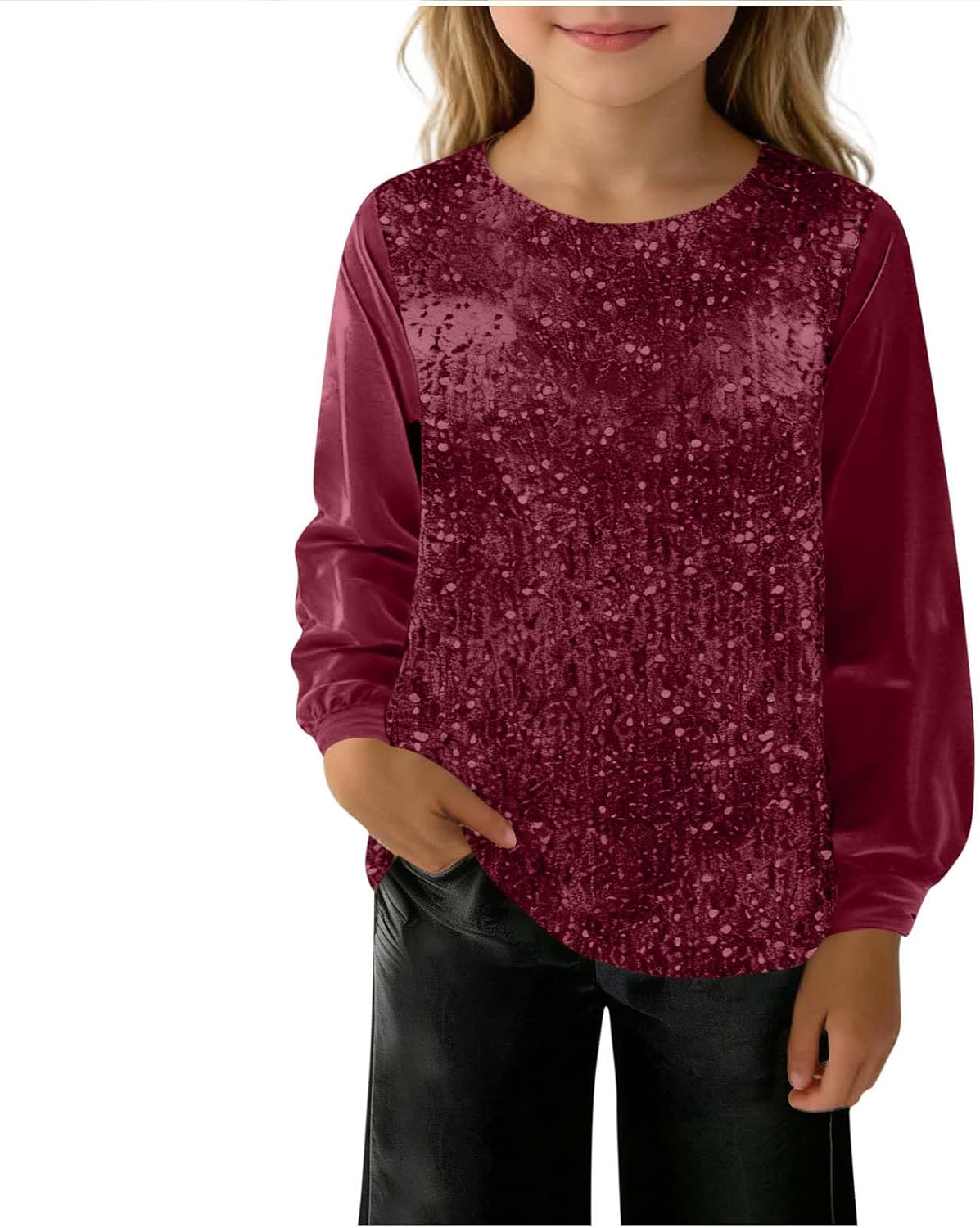 Girls Sequin Tops Velvet Long Sleeve T-Shirts Sparkly Glitter Dressy Casual Blouse Loose Fit Top for Evening Party