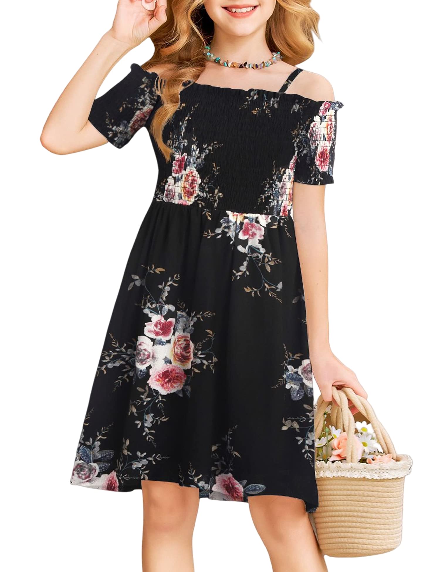 Arshiner Girls Casual Summer Floral Sleeveless Sundress Holiday Cami Dress