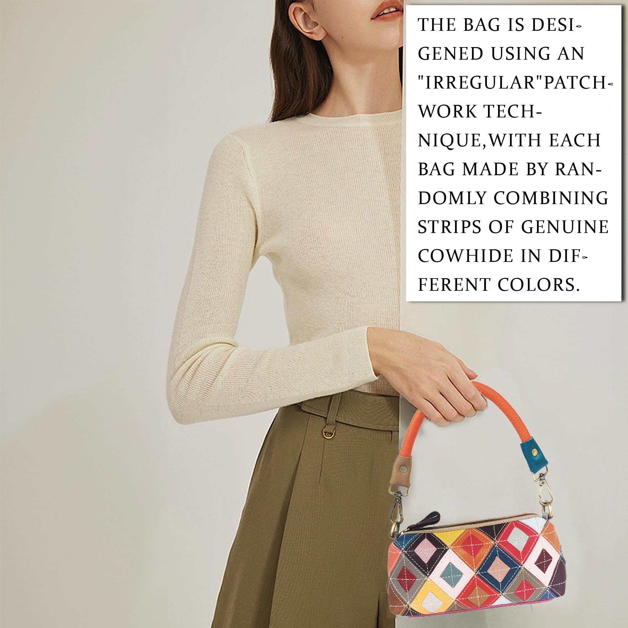 Riutiru Handmade Cowhide Multi-color Block Random Stitching Unique Style Women's Bag - Crossbody, Shoulder and Handheld (C-1120)