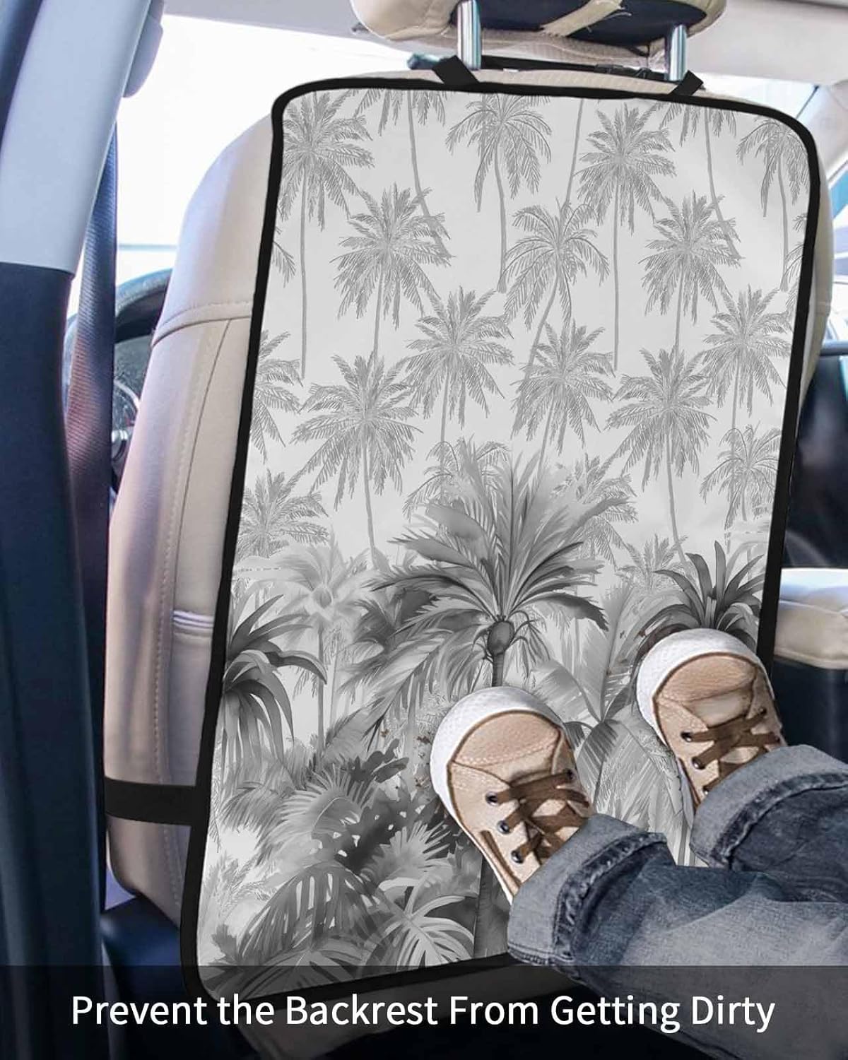 T&H XHome Car Seat Protector, 2 Pack Kick Mats Back Seat Protector Summer Grey Palm Tropical Plants Hand Painting Waterproof Backseat Cover for Kids Universal Fit Automotive Interior Protectors