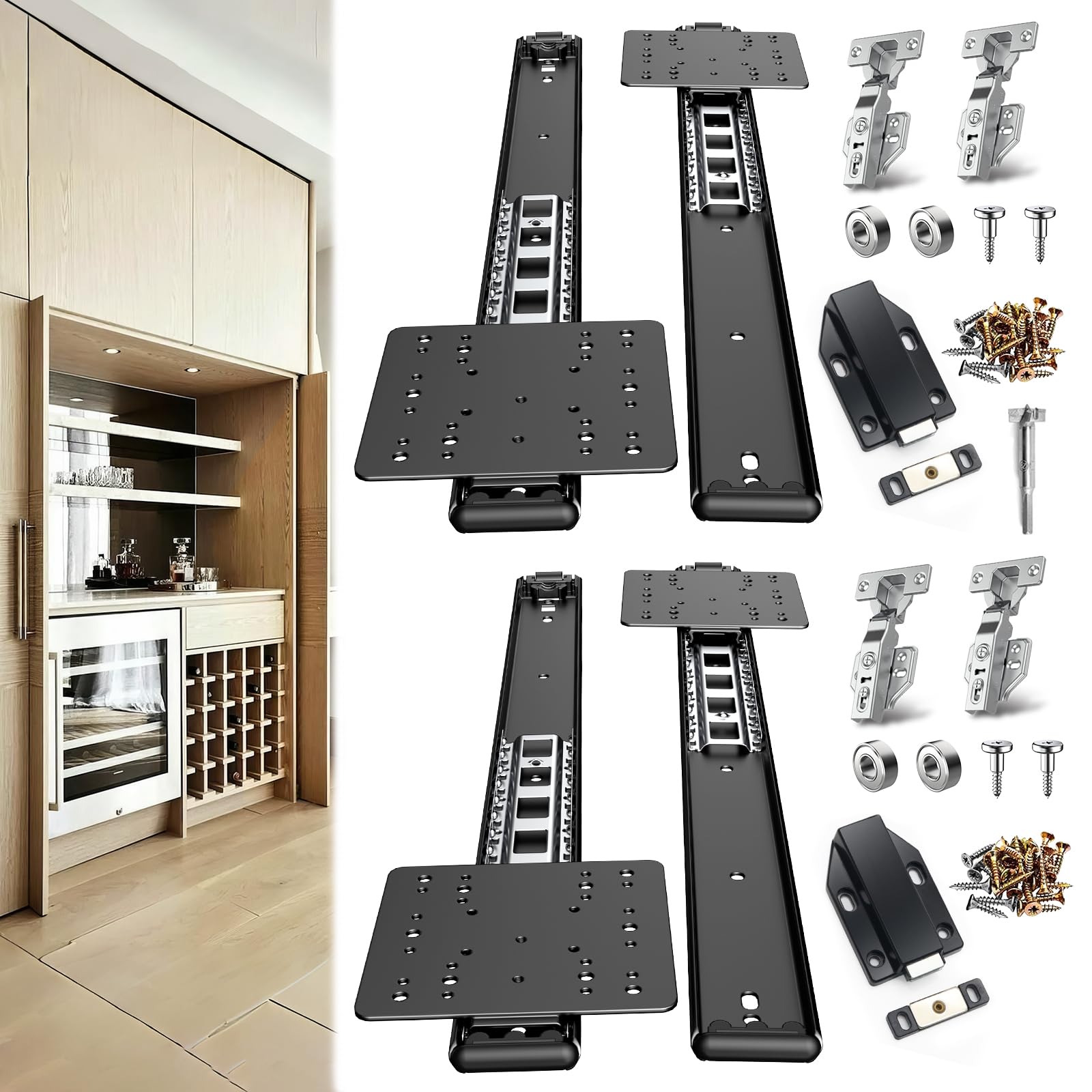 Taschentür-Hardware-Schieber für Schränke mit Scharnieren, magnetische, robuste Schieber, Hardware-Kit für Küchenmöbel und versenkte Türen, leiser einziehbarer Schrank-Rebounder, 55,9 cm, Set