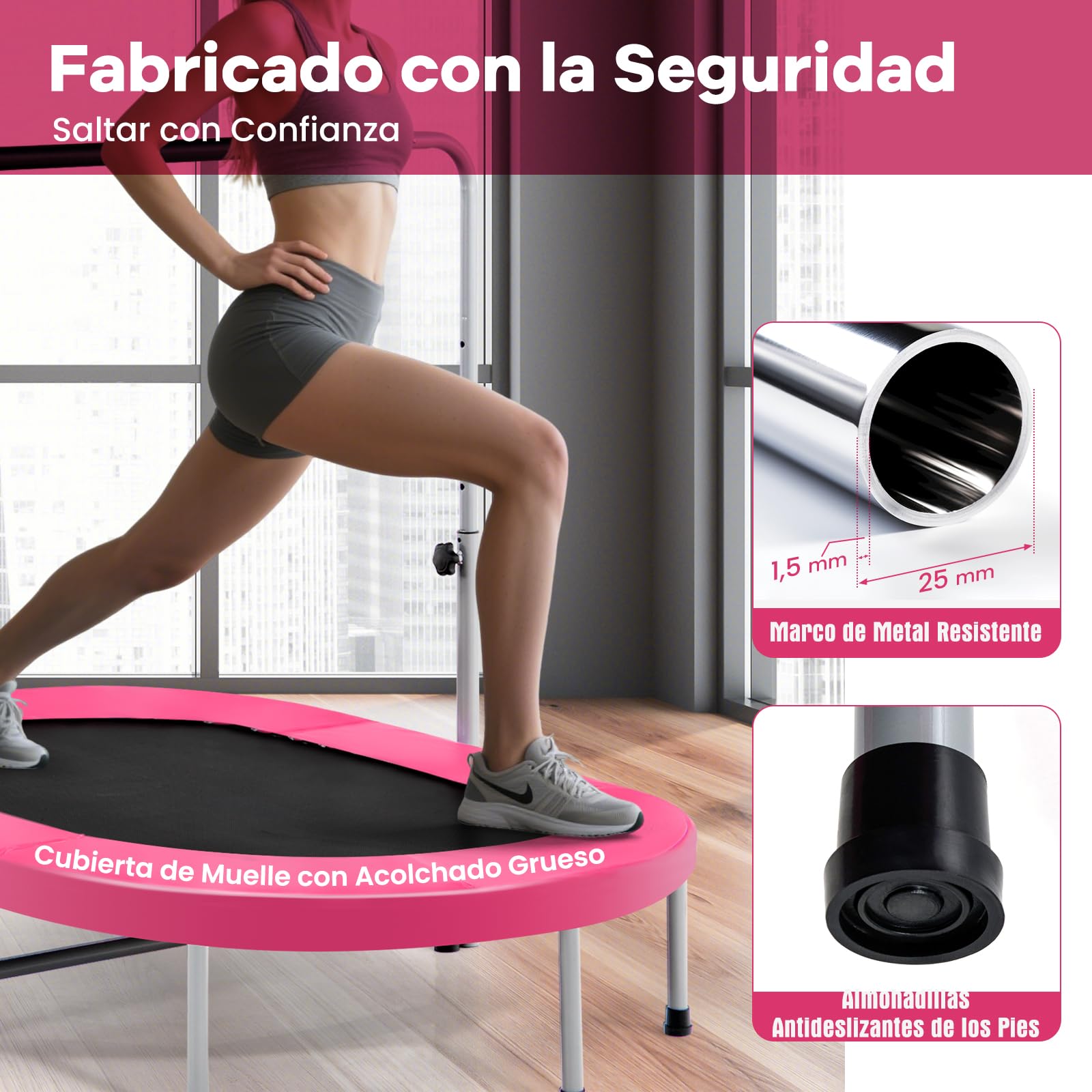 COSTWAY Cama Elastica para 2 Personas, Trampolin de Fitness Plegable con Mango Ajustable en 5 Niveles, Trampolín para Niños y Adultos con Capacidad de 150 kg, para Hogar y Gimnasio, 65 x 154 x 132 cm