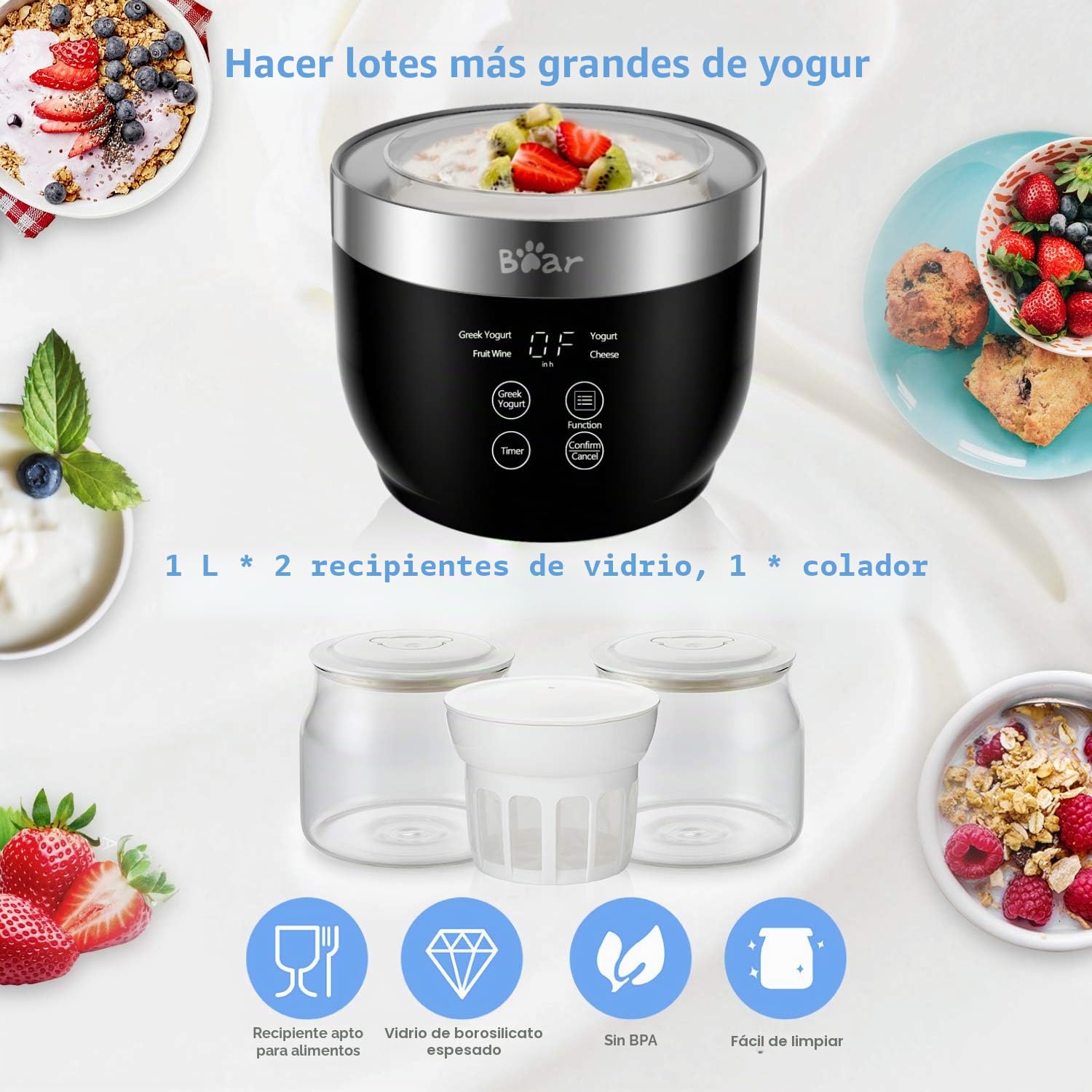 Máquina automática de yogur digital con olla interior de acero inoxidable, 2 tarros de vidrio (1 cuarto de galón) y colador para yogur orgánico en el hogar, color negro