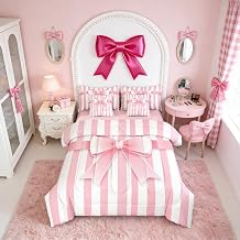 Erosebridal Pink Bowknot Bedding Set Full, Kawaii Ribbon Bow 7-Piece Bed in A Bag, Cute Bow Tie Sheets and Pillowcases, Geometric Line Stripe Bed Sets for Kids Girls