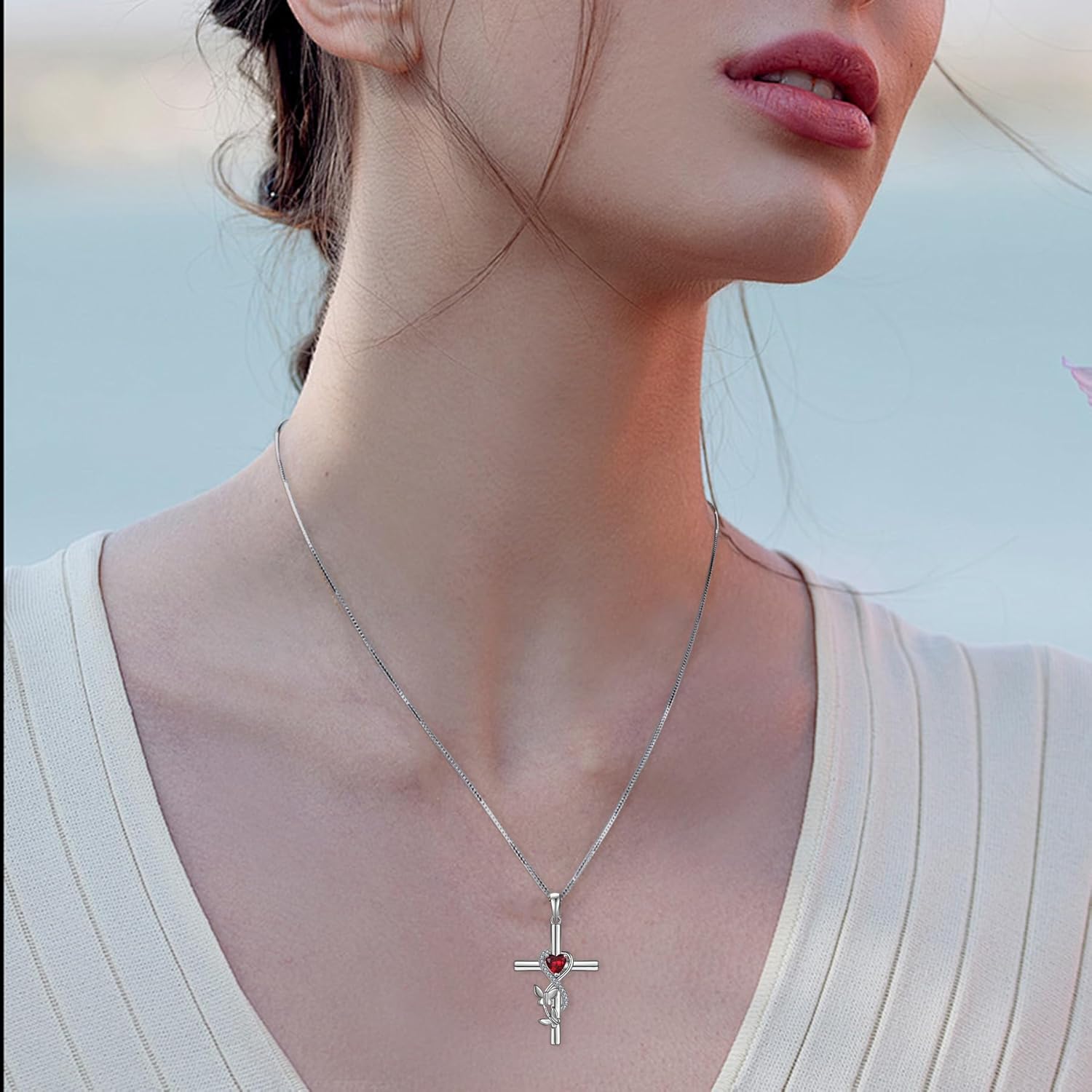 Butterfly Cross Necklace 925 Sterling Silver Crucifix Pendant Heart Birthstone Religious Jewelry for Women