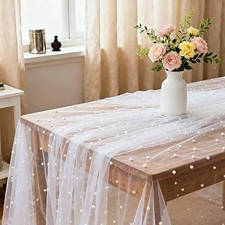 Klmnop 1 Pc 10 Ft Pearl Table Runner, 60 x 120 Inch White Tulle Fabric Lace Dessert Table Cloth Veil Arch Decorations for Wedding Baby Shower Birthday Party Decor(White)
