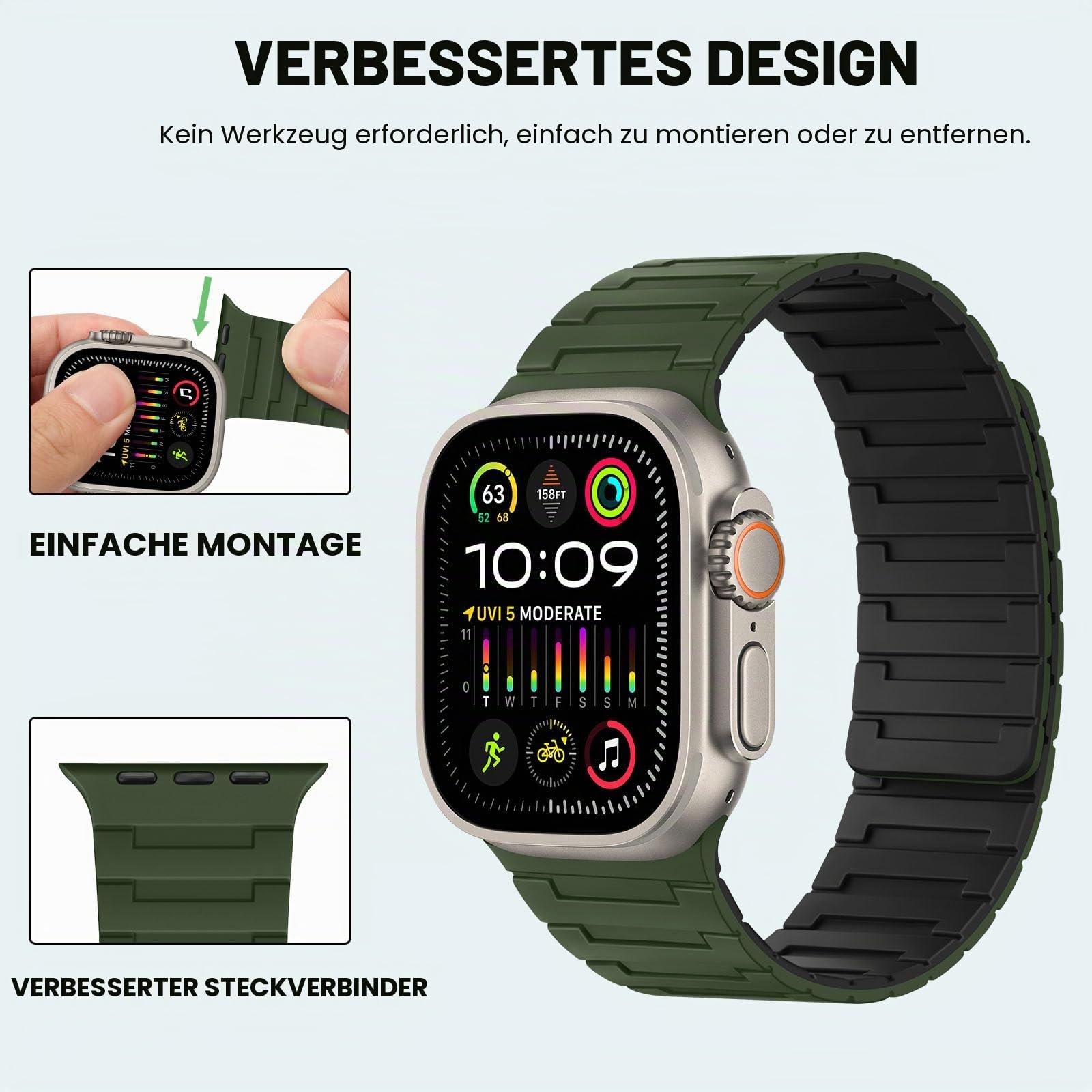 Bisikor Kompatibel mit Apple Watch Armband 49/46/45/44/42/41/40/38mm Silikon Starker Magnet Sport Ersatzband für iWatch Ultra2 SE Serie 10 9 8 7 6 5 4 3 (42/44/45/46/49, Armeegrün/Schwarz)