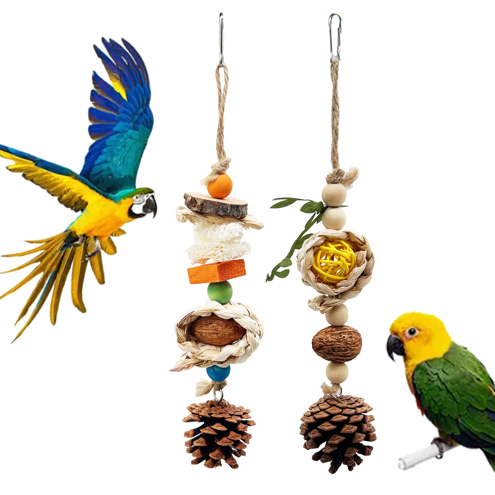 Rebecca online Natural Bird Chewing Toys with Nuts and Corn, Wooden Cage Toy for African Grey, Macaws, Cockatoos