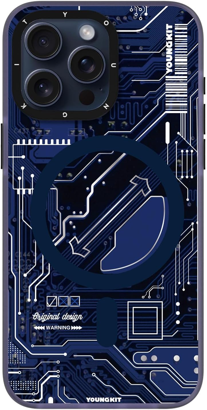 Technology Circuit compatible with Magsafe designed for iPhone 15 PRO MAX case cover (2023) Full Protection, Military Shockproof, Soft Bumper - Navy Blue