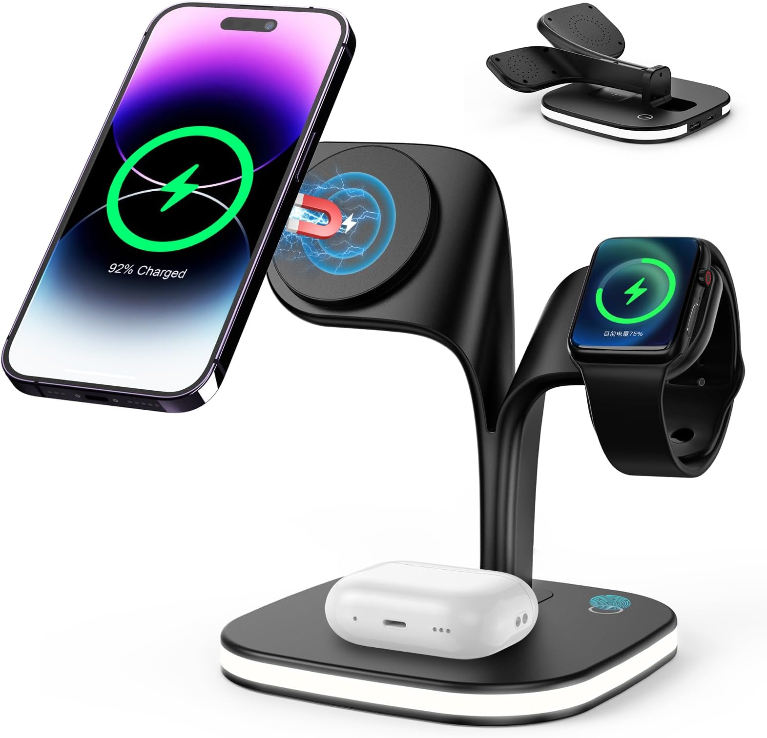 Magnetic Wireless Charger Stand,Upgrade 5-in-1 Wireless Magsafe Charging Station with LED Lamp Compatible with Apple iPhone 15/14/13/12/Pro/Pro Max/Mini, Apple Watch SE/8/7/6/5/4/3/2, Airpods 3/2/Pro.