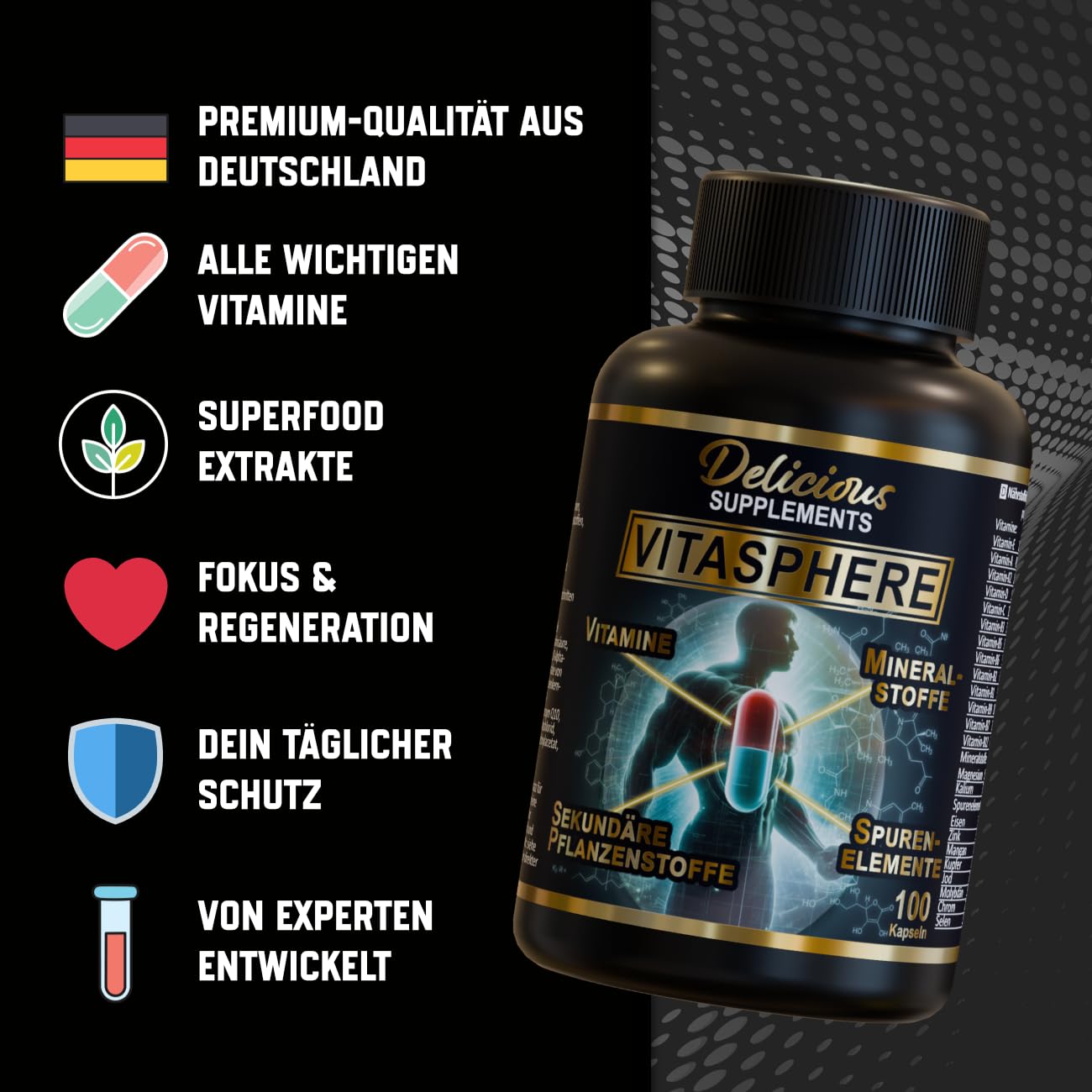 Vitasphere Multivitamin - mit Vitamin C, D, E, B6, B12, Zink & Magnesium - 100 Kapseln für 100 Tage, Nahrungsergänzungsmittel mit Vitaminen & Mineralstoffen - Delicious Supplements - Made in Germany