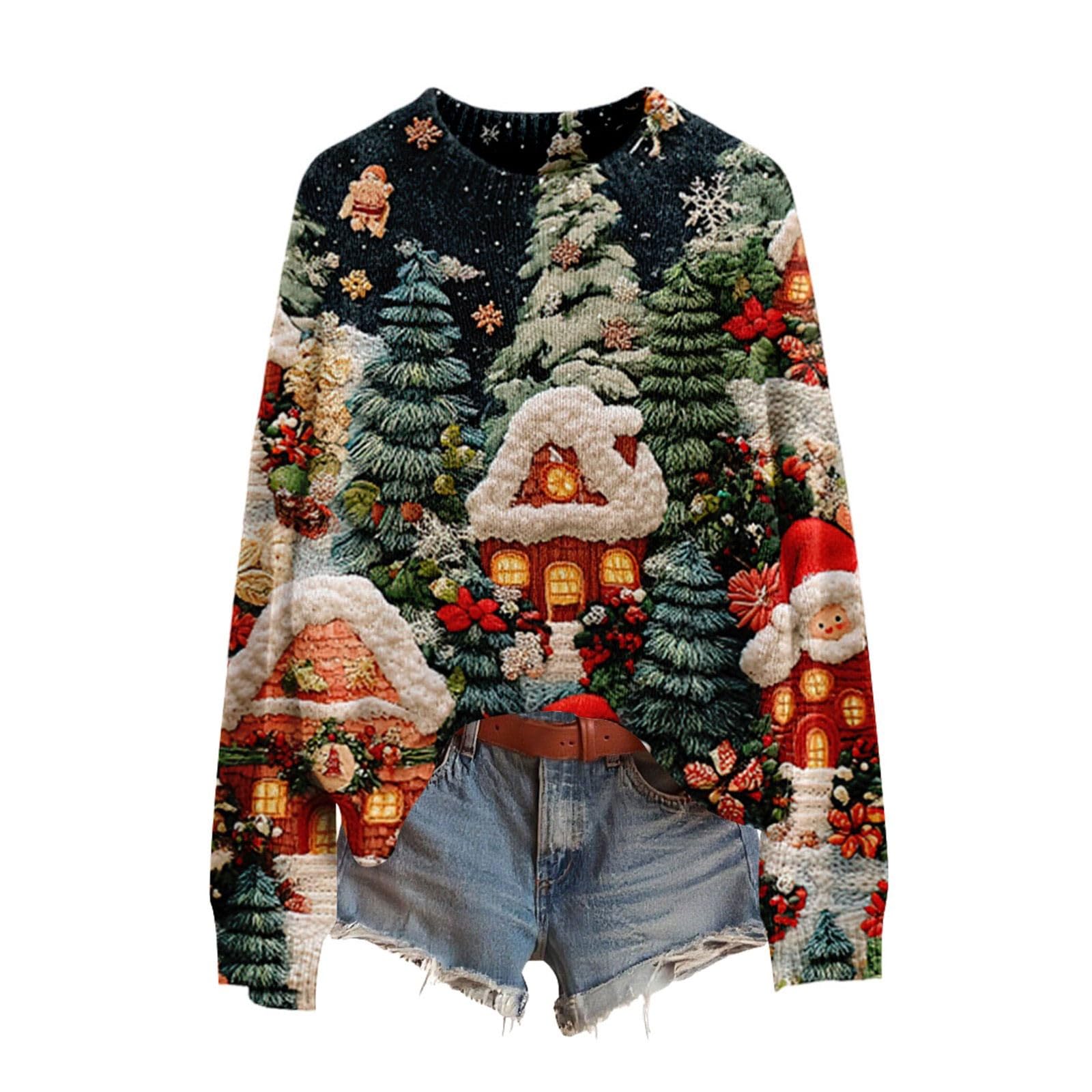 Christmas Sweaters for Women Ugly Funny Graphic 2025 Trendy Long Sleeve Crew Neck Knitted Pullover Holiday Cute Tops