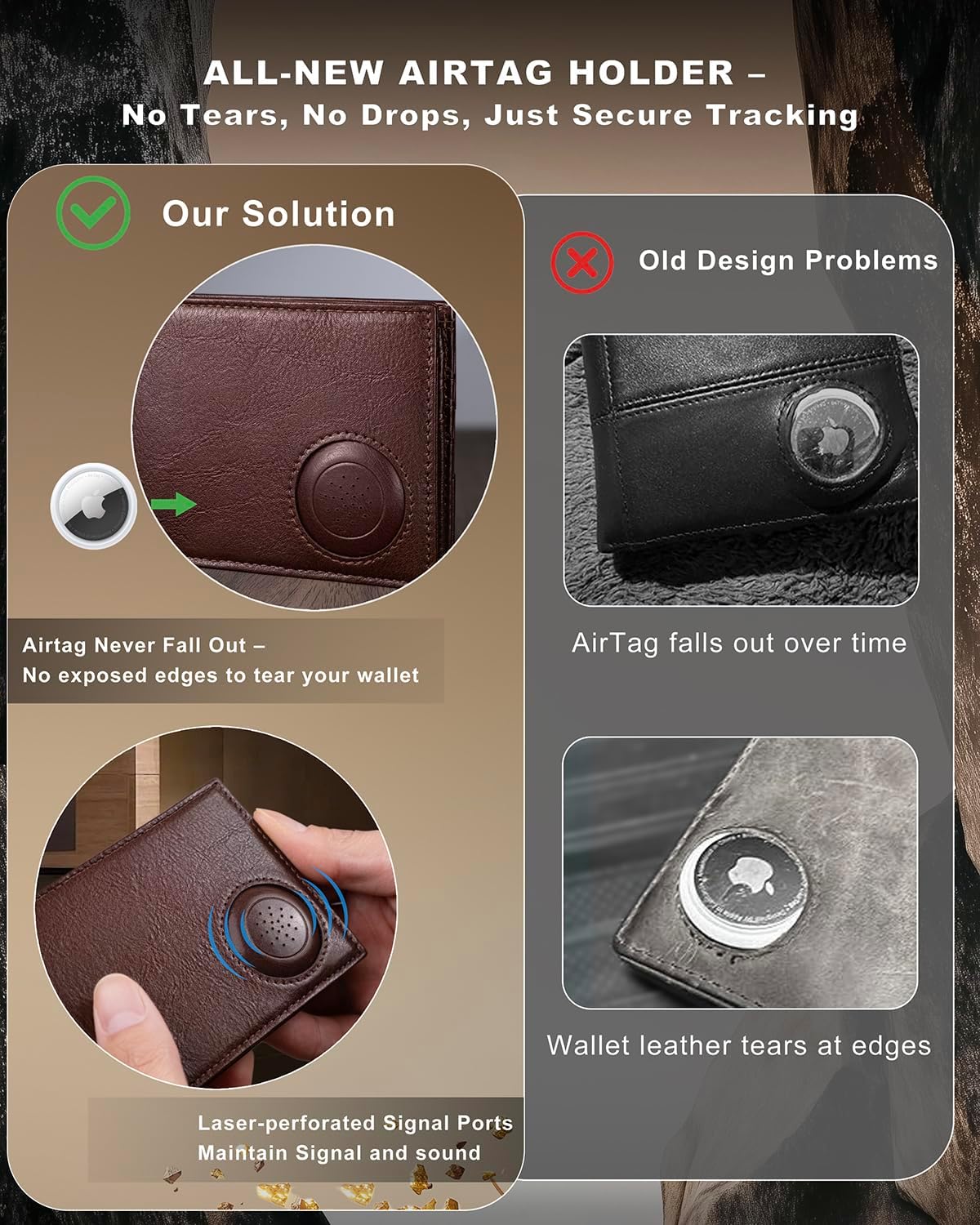 Men's Wallet with Airtag Holder, Full-Grain Leather Wallet for Apple Air Tag (1st & 2nd Generation), Airtag Wallet Men with 2 ID Windows, 13 Card Slots - Image 4