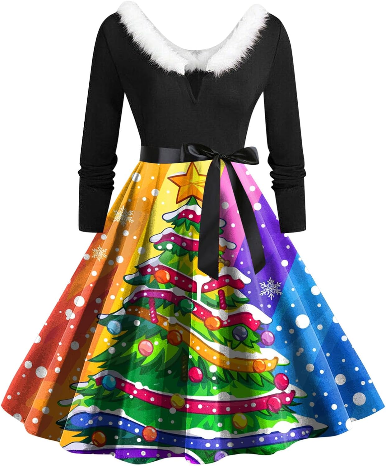Produktbild von Winterkleid Mit Schneeflocken Muster ZHENDEGL Weihnachtskleid Damen Vintage - Elegantes Langarm Kleid Mit V-Ausschnitt Für Festtage Langarm