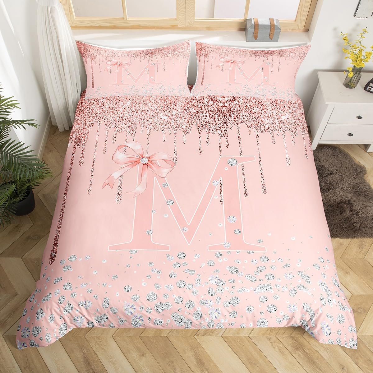 jejeloiu Pink Rose Gold Duvet Cover Kids Boys Girls,Toddler,Pink Bow Bedding Set,Personalized Letter M Comforter Cover,Glitter Diamond Pattern Bedspread Cover,No Comforter,Monogrammed