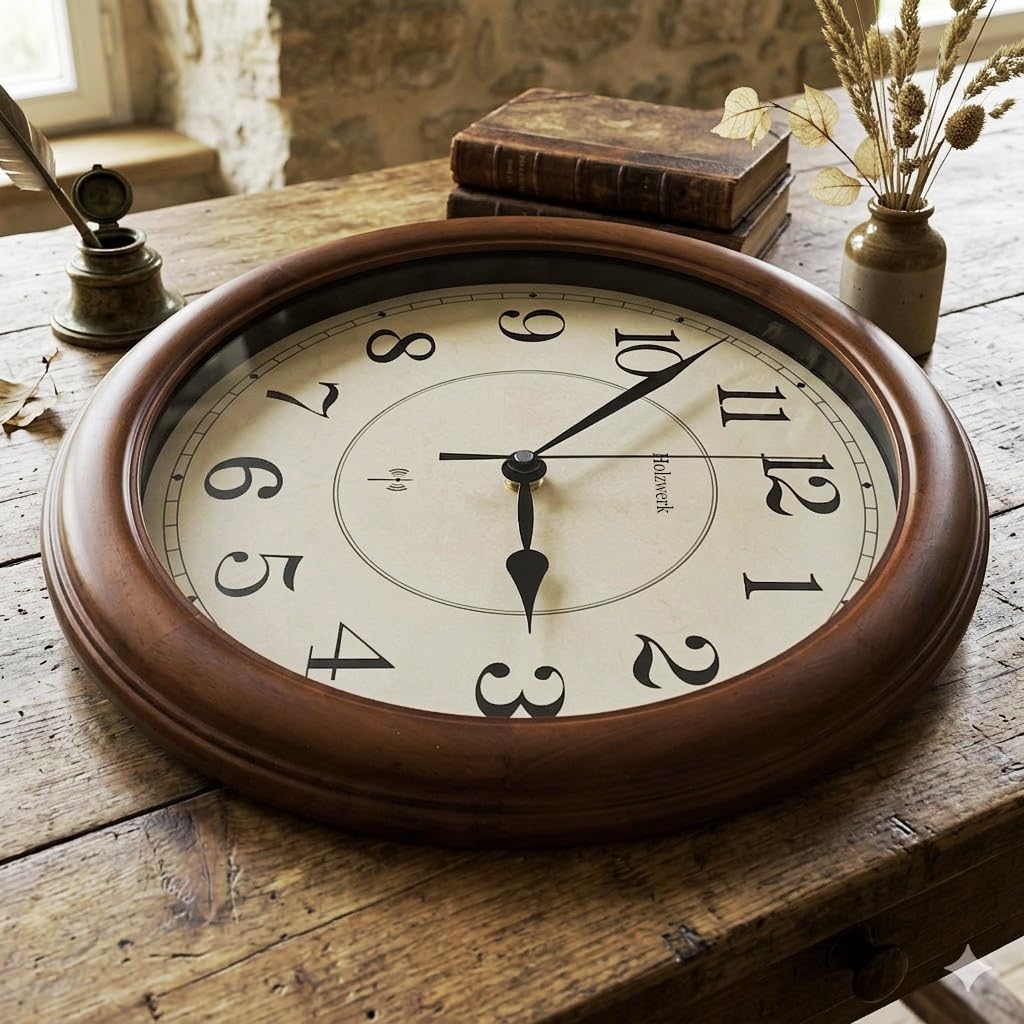 Holzwerk(Funk) 35 cm Natur Vintage Retro Holz Funk Glas Rund Wanduhr Holz-Uhr Funkwanduhr Funkuhr nahezu lautloses Uhrwerk Massivholz 14 Zoll Braun Beige große Ziffern (HW.Braun.)