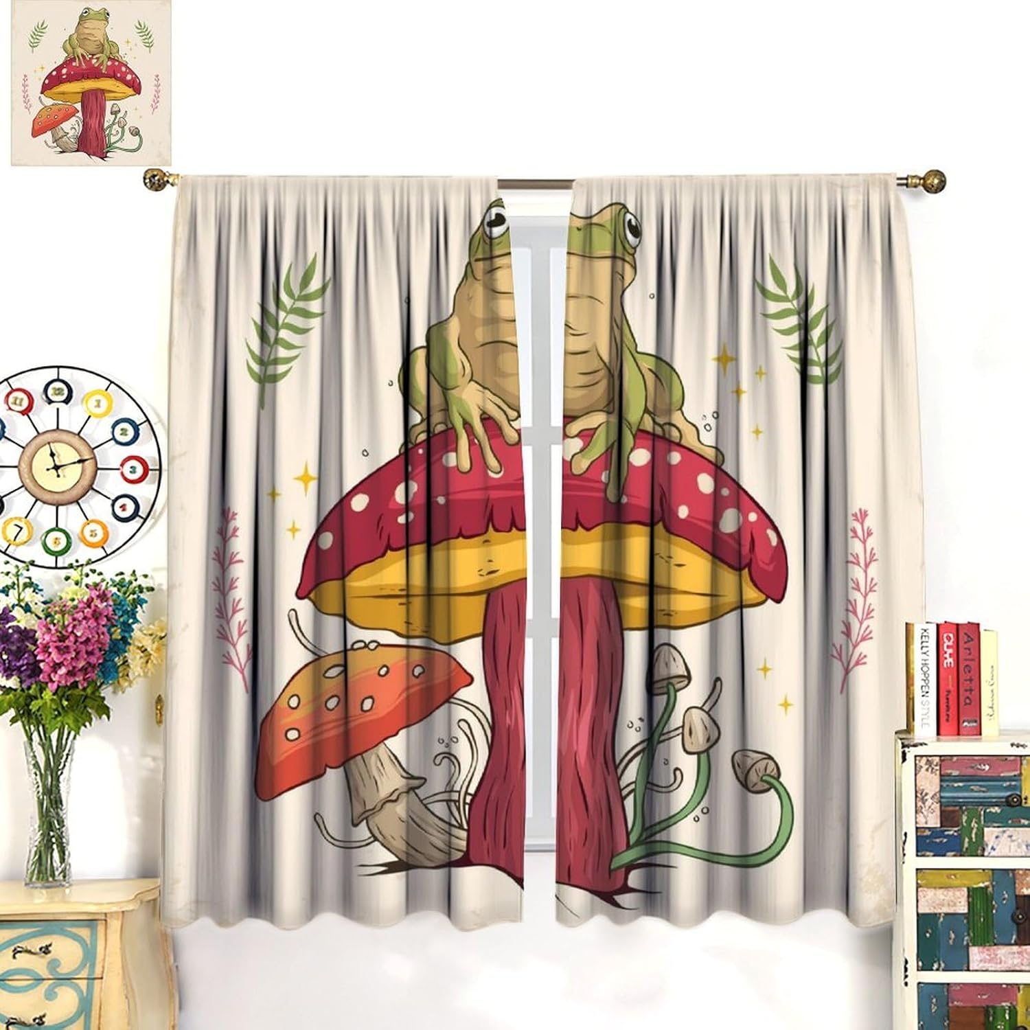 Funny Frog Mushroom Blackout Curtain Retro Watercolor Rustic Plant Leaves Botanica for Home Kitchen Livingroom Coffee Room Window Drapes 2Panel 42" W X 45" L