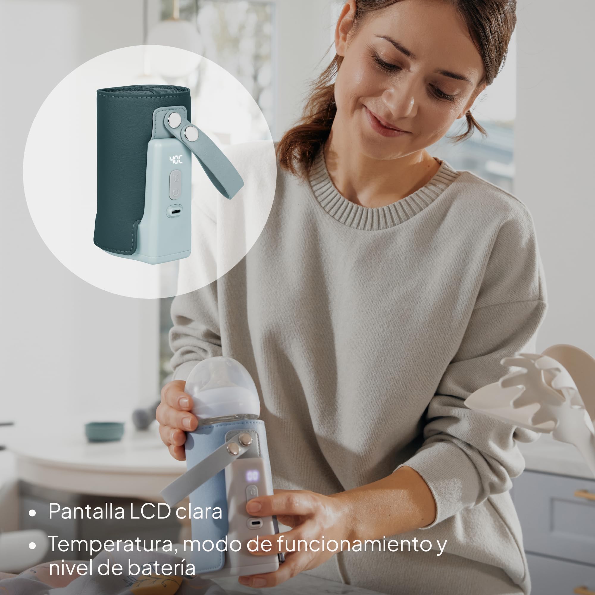 LIONELO Thermup Go Plus Calientabiberones Portátil, Mantiene los Líquidos Calientes, 5 Temperaturas de Funcionamiento de 38 a 50 C, Carga USB, 8h de Funcionamiento Pantalla LCD Silenciosa