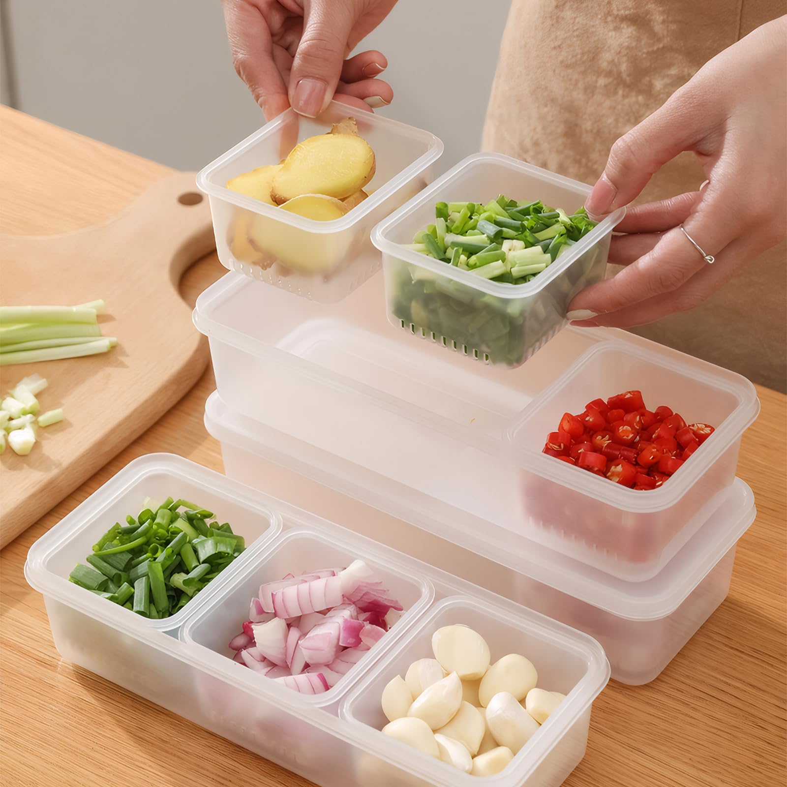 Gekühlter Zutatenbehälter 3 Stück mit 9 Fächern und 3 Deckeln, Geteiltes Serviertablett mit Deckel, Stapelbar Abnehmbare Wiederverwendbare, Zutaten Gewürzspender für Obst, Salat, Taco