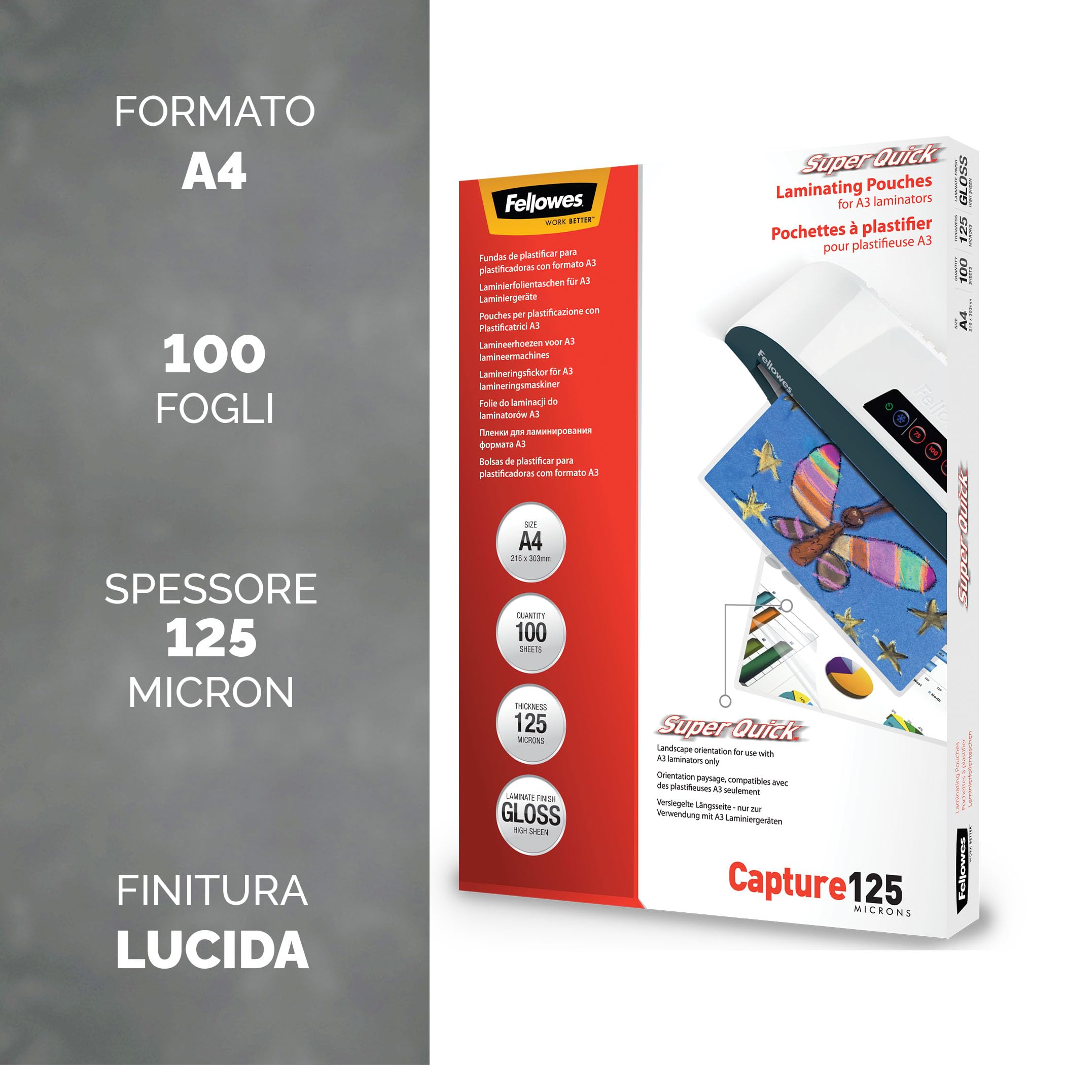Fellowes Fogli per Plastificatrice A4 Super Quick, Buste per Plastificatrice Formato A4, 125 Micron, Chiuse sul Bordo Lungo, Confezione da 100 Pouches per Plastificare