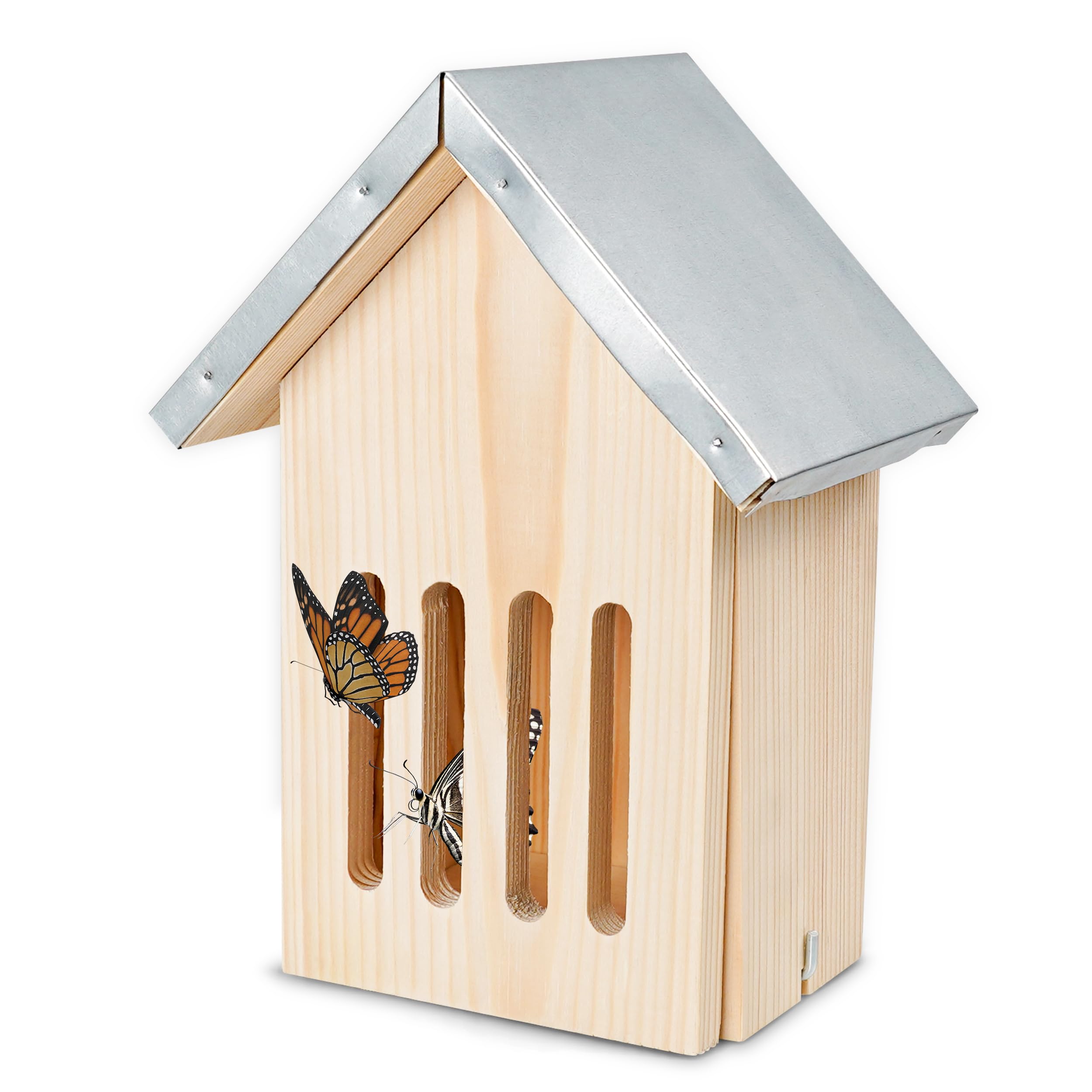 Oramics Schmetterlingshaus aus Kiefernholz mit wetterfestem Metall Dach [Made in Europe] Schmetterlingshotel für Garten und Balkon – Schmetterling Kasten Insektenhotel zum Züchten oder zur Aufzucht