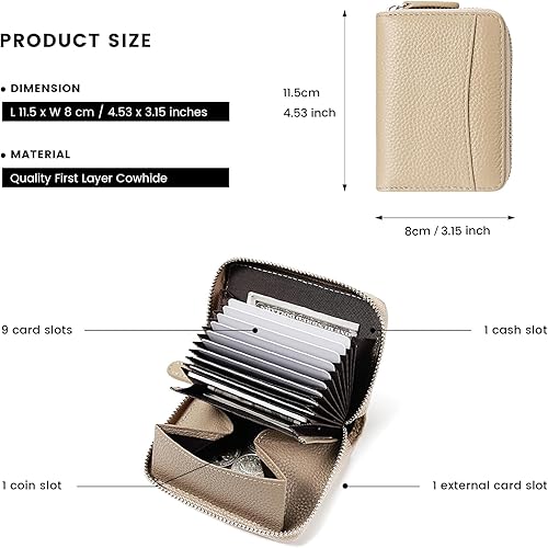 Miniatura 3 de Cartera de cuero genuino con bloqueo RFID, con cierre y bolsillo para monedas, lujo para mujeres, Amarillo claro, Classic