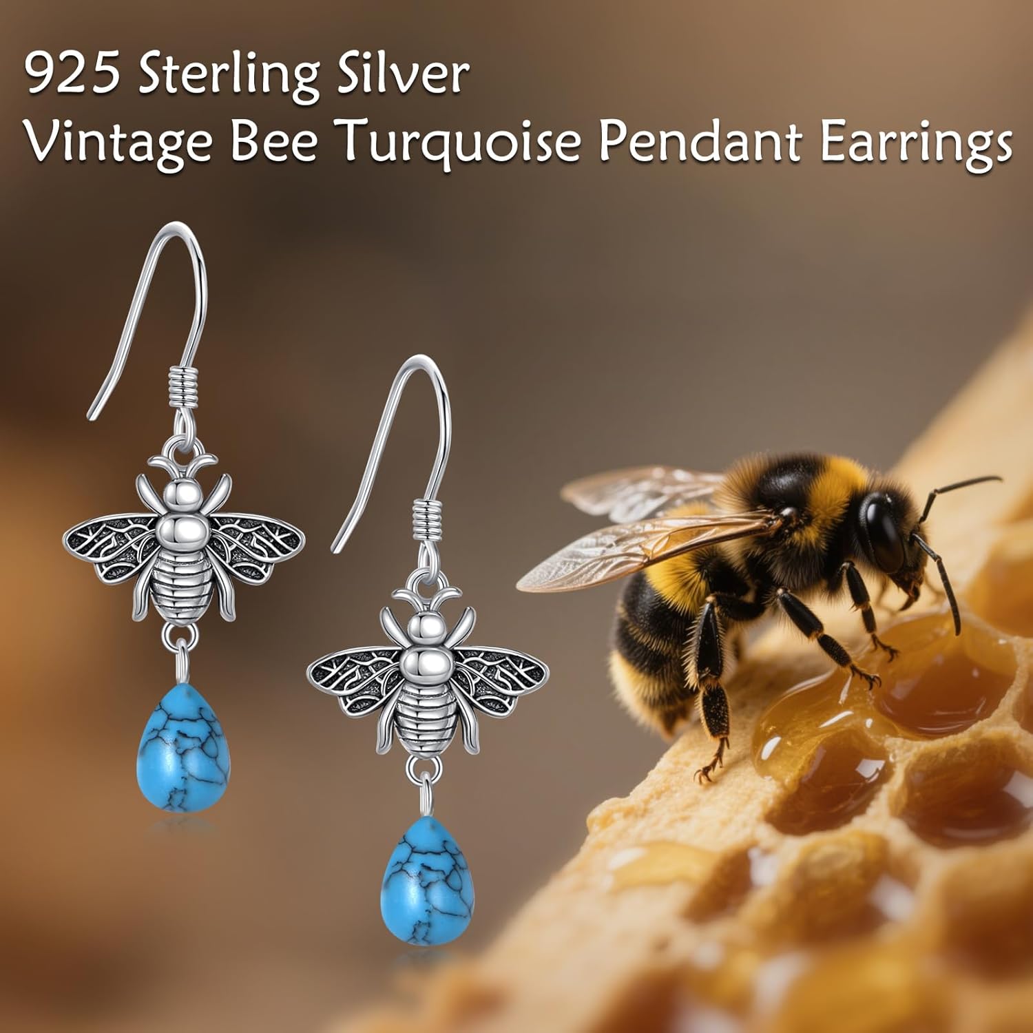 VONALA Vintage Bee Earings 925 Sterling Silver Turquoise Bumble Earrings Turquoise Dangle Drop Earrings Honeybee Jewelry Dangle Gifts for Women - Image 4