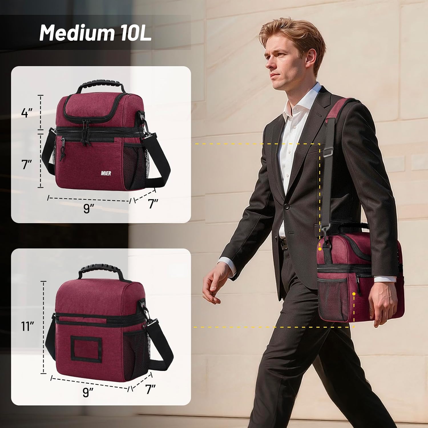 MIER Insulated Lunch Box Bags for Men Women, Dual Compartment, Burgundy image 2