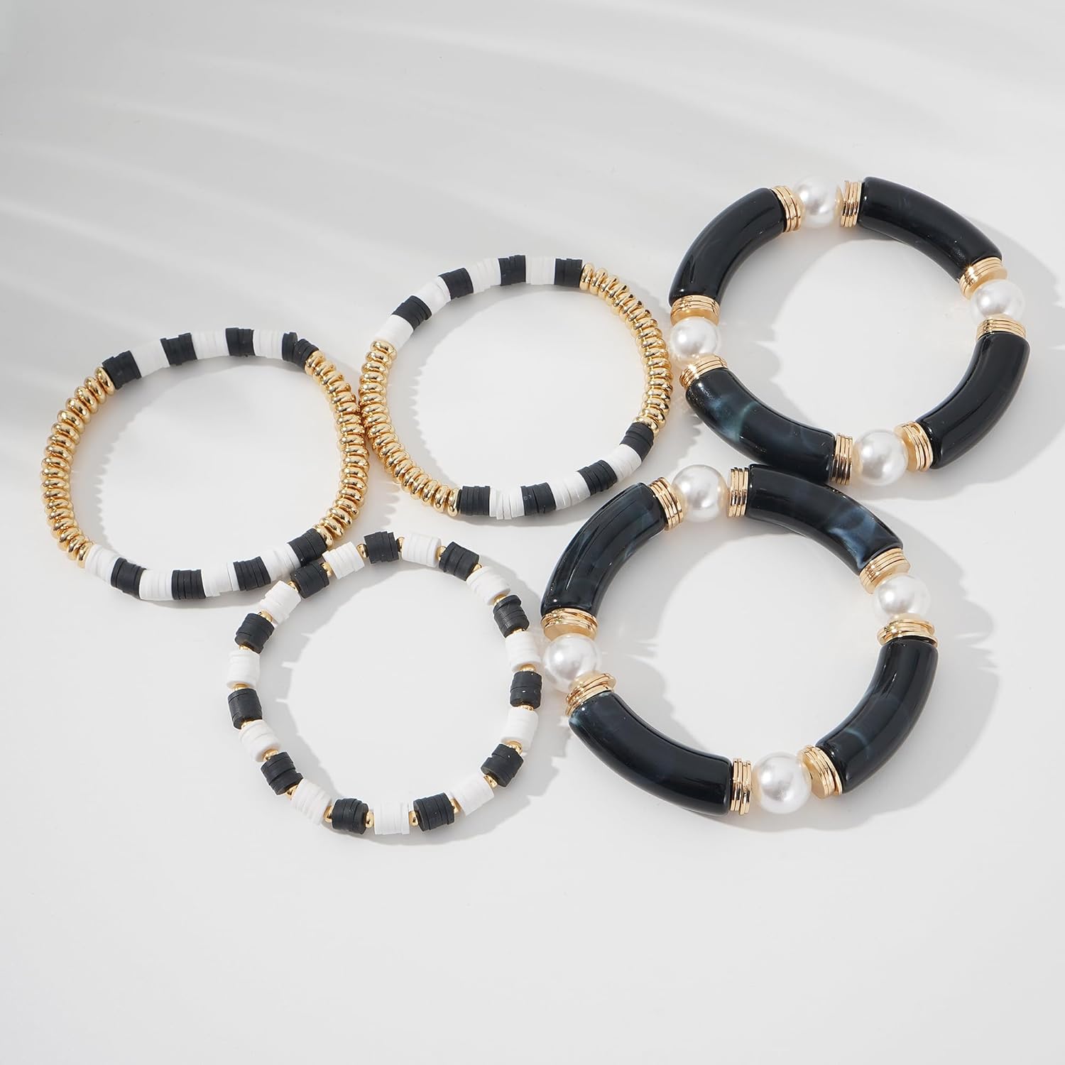 GOOJIDS Simple Beaded Gold Plated Bangles Bracelet Chunky Bamboo Tube Curved Stacking Clear Acrylic Colorful Beads Stretchable Gold Plated Bracelets Set For Women - Image 3