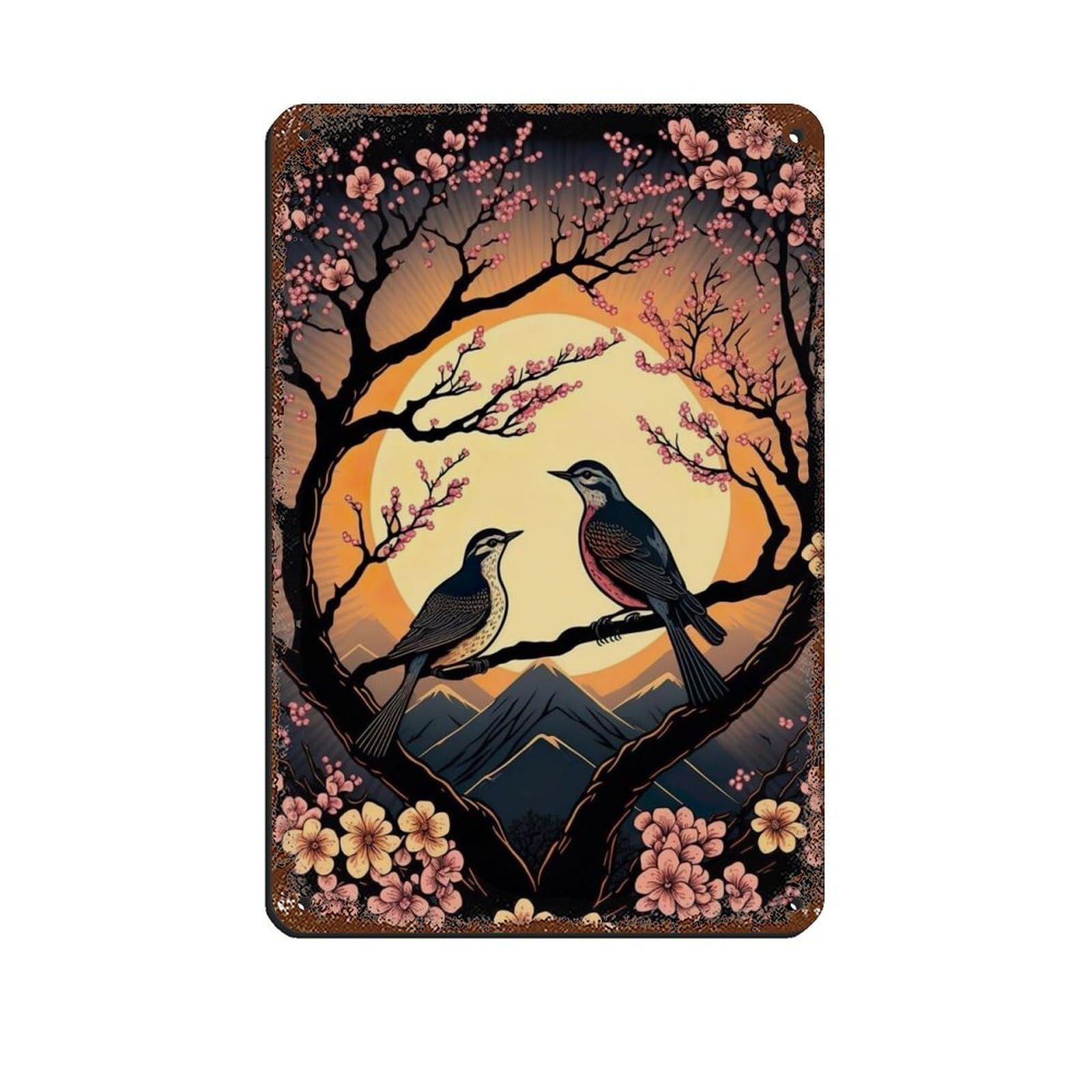 Lxwnze 20L X 30W Cm 2 Birds On A Tree In Sunset, Tin Sign Vintage Metal Pub Club Cafe Bar Home Wall Art Decoration Poster Retro 8X12inch(20X30cm)