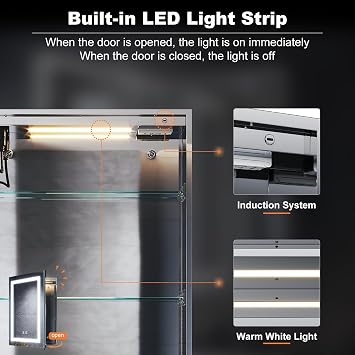 ELEGANT 500 x 700mm Mirrored Bathroom Cabinets Wall Mounted with Shaver Socket Single Door Bathroom Mirror Cabinet with Led Lights, Touch Swith, Dimmable, Defogger [Energy Class D]