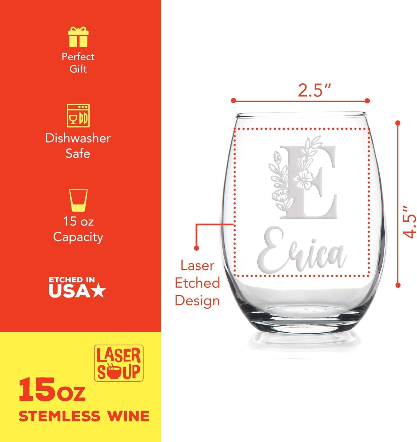 Floral Letter Stemless Wine Glass, Personalized Gifts for Her, Bridesmaid, Teacher, or Mother's Day - 1 Pack - Image 3