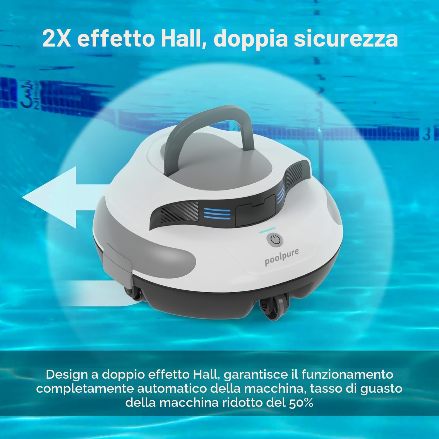POOLPURE Aspirapolvere per piscina, batteria da 5000 mAh, doppio motore, indicatori LED, funzione self-Parking, IPX8, impermeabile, robot da piscina senza fili per piscine piatte da 90 m²