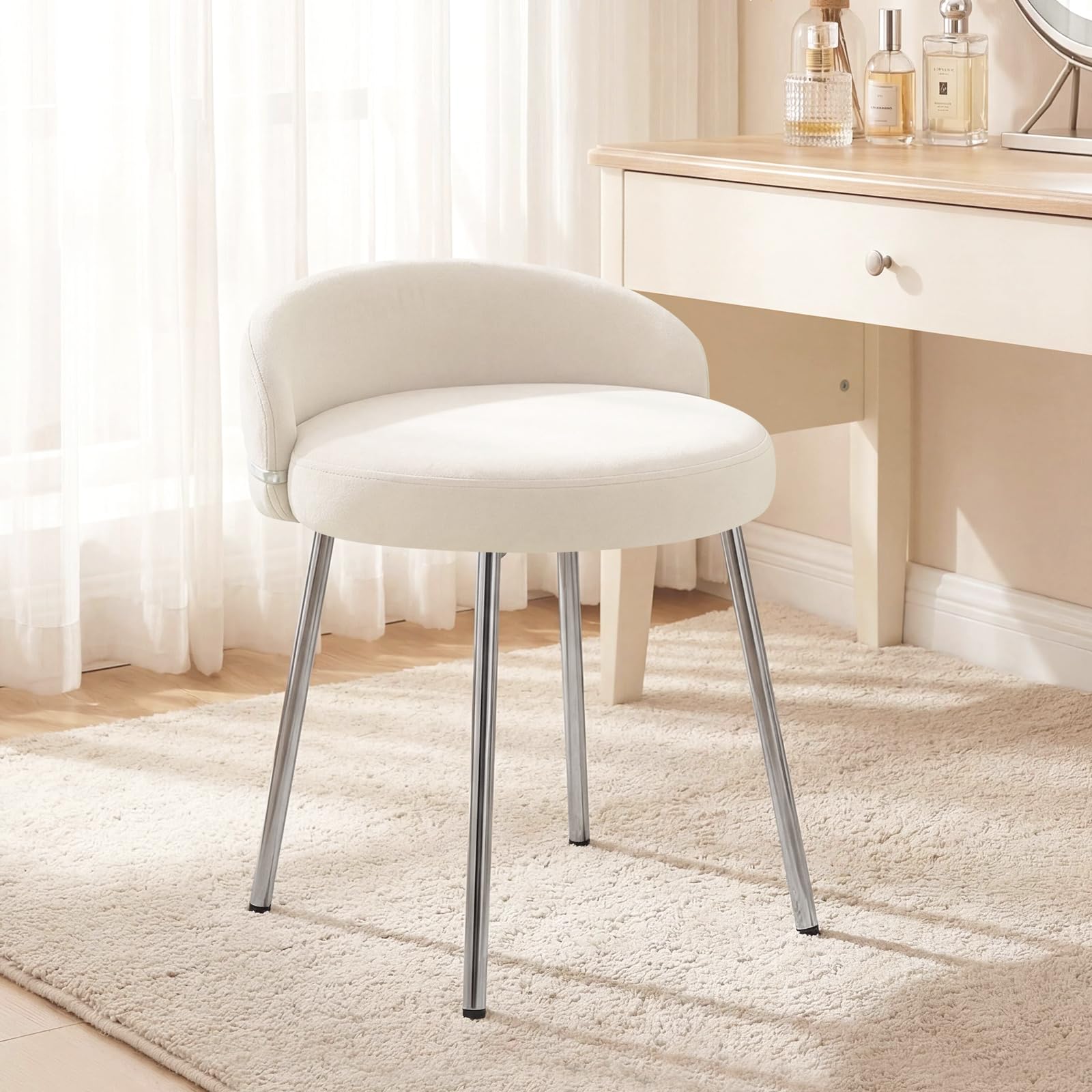 Hellove Tabouret Coiffeuse Samt Rond avec Pieds en Métal Argenté, Chaise Coiffeuse Moderne Vanity Stool avec Dossier Courbé et Assise Rembourrée pour Chambre, Salon, Charge 150kg, Beige