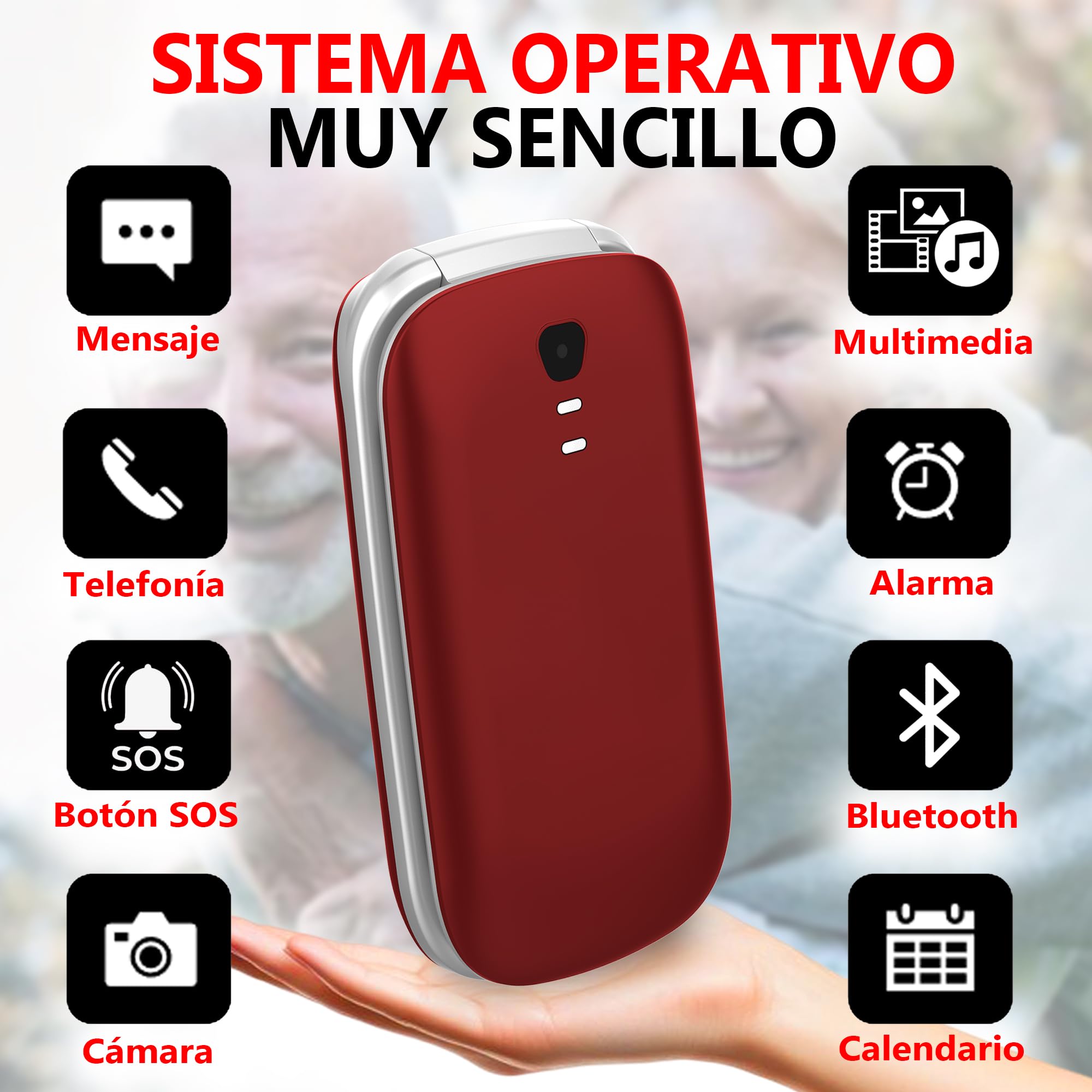 Funker E300 Max Audio 3 4G, Telefono movil tapa fácil de usar, Teclas y Pantalla grandes, AudioPRO compatible con audífonos, volumen muy fuerte con Amplificador, Configuración Remota, Botón SOS (Rojo)