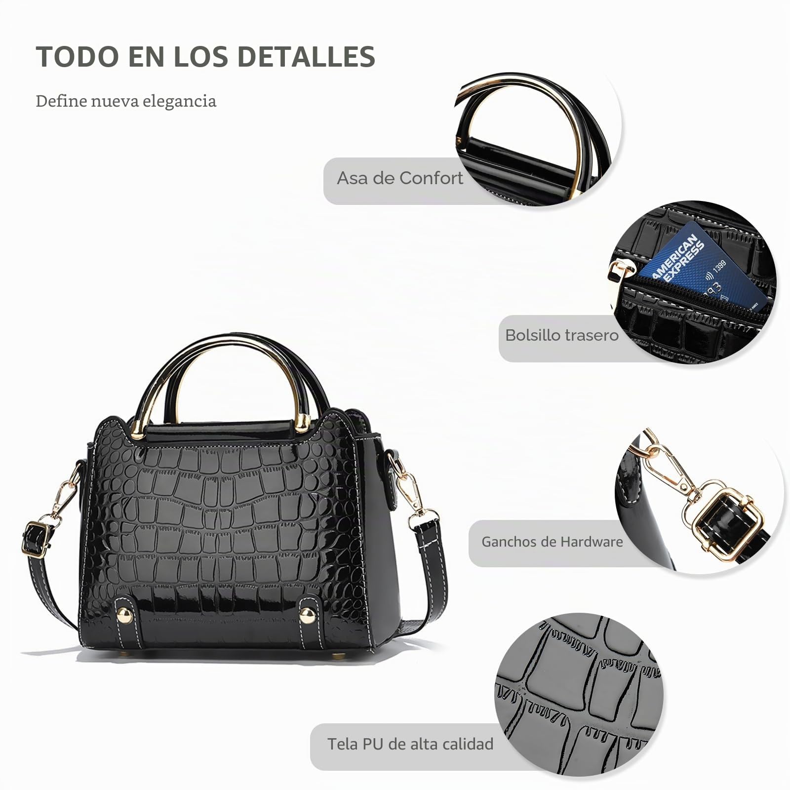 NICOLE & DORIS Bolsos Mujer Bolso Bandolera Pequeños Bolso de Mano de Charol Bolso de Cocodrilo Bolso de Hombro Bolsos Cruzados Bolso Fiesta Negro