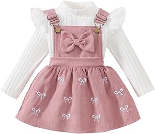 UUAISSO Ropa Para Bebé Niña Pequeña Tops de Punto Acanalados Manga Larga Falda con Tirantes de Pana y lazo Conjuntos Vestido