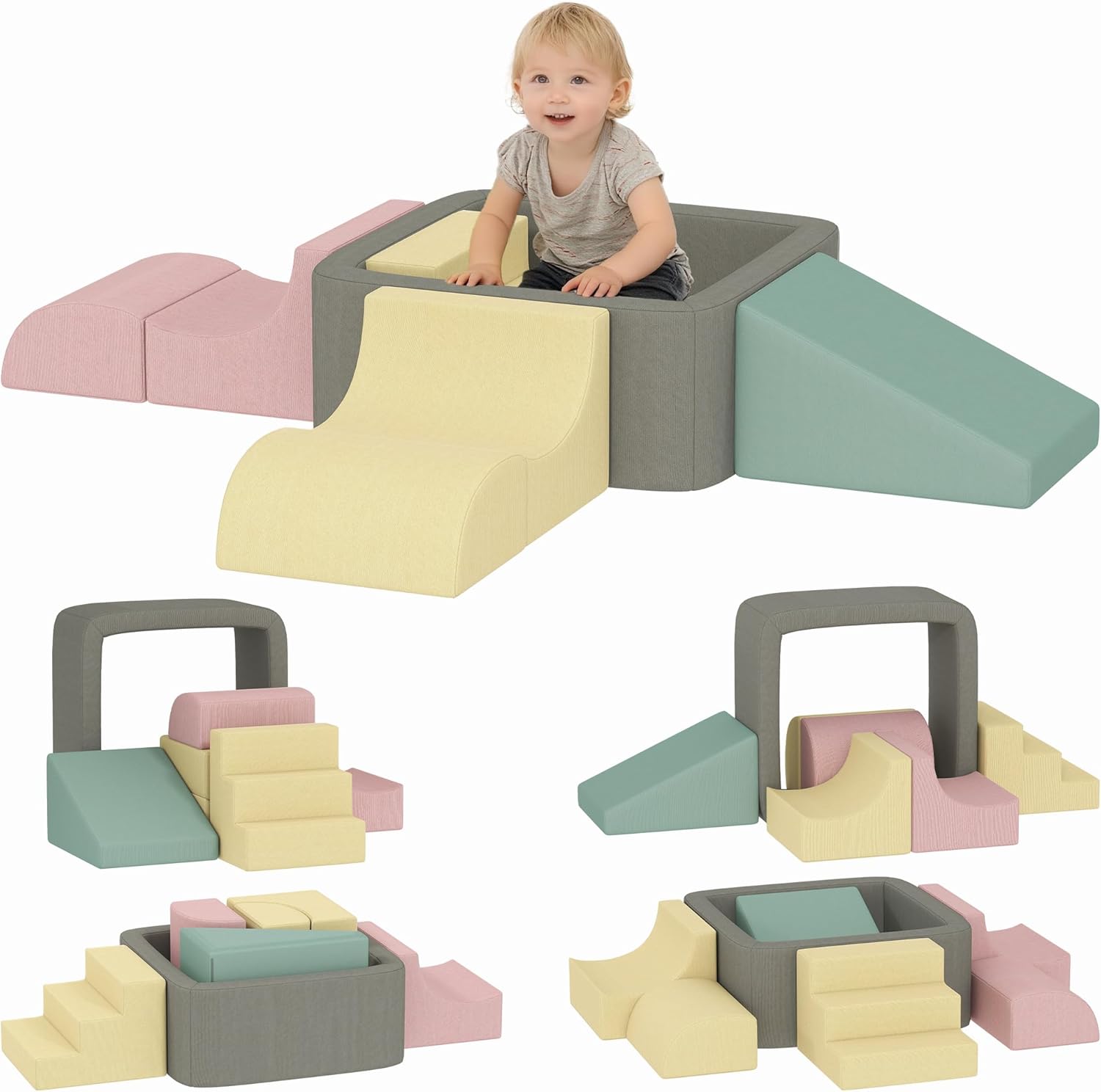 Set of 7 Foam Blocks for Kids, Psychomotor Blocks with Detachable Corduroy Covers, Climbing Set for Indoor Crawling and Climbing, Multicolor
