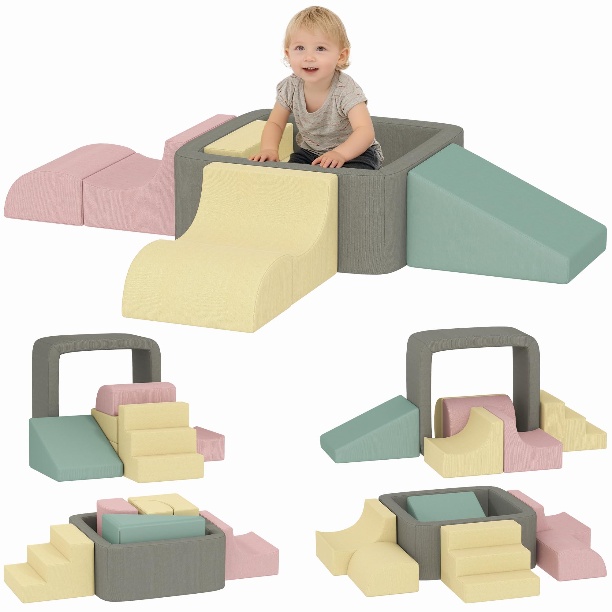 AIYAPLAY Juego de 7 Bloques de Espuma para Niños, Bloques de Psicomotricidad con Fundas de Pana Desmontables, Set de Escalada para Gatear y Escalar en Interior, Multicolor