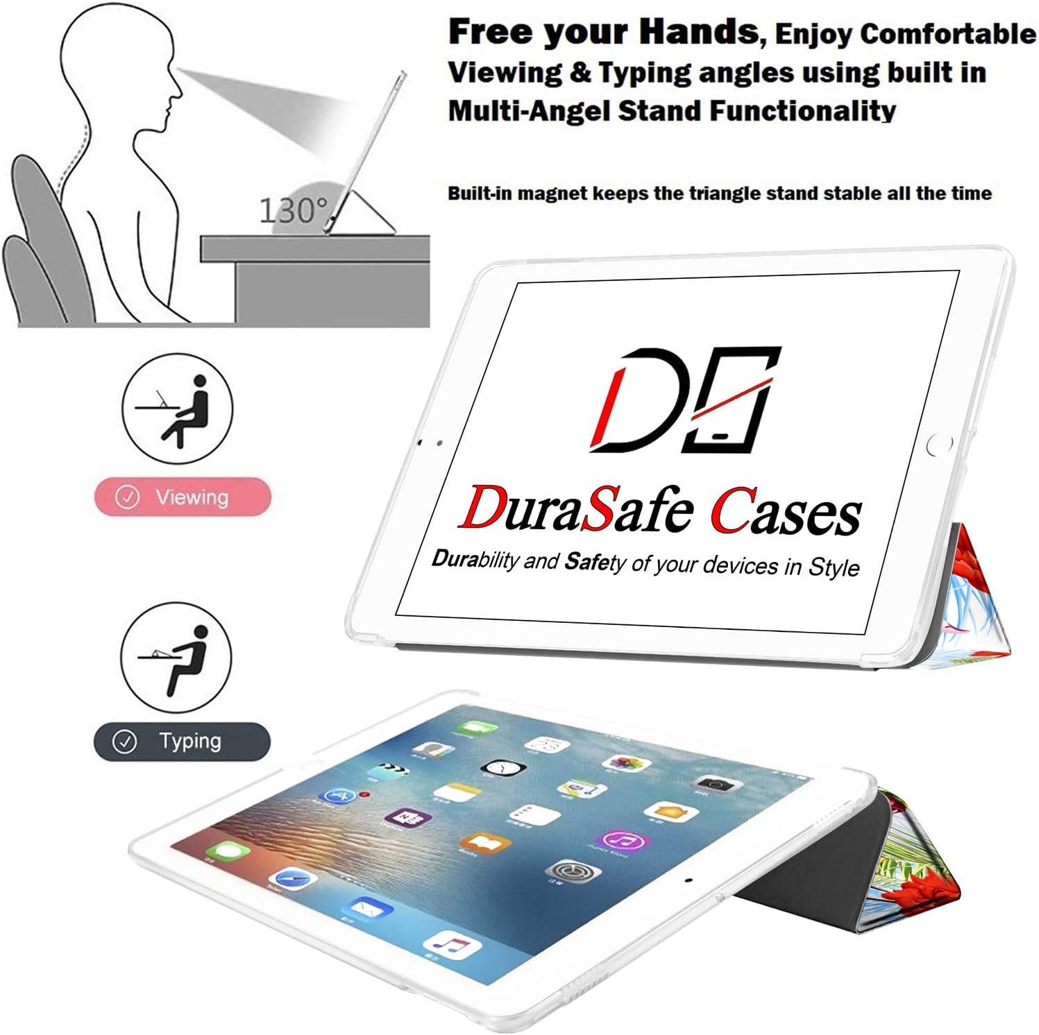 DuraSafe Cases for iPad 9.7 5th 6th Gen Air 1st 2nd Generation [iPad 5 6 Air 1 2] A1893 A1822 A1566 MH2V2LL/A Magnetic Dual Angle Stand with Honeycomb Pattern Printed Cover - Birds & Flowers